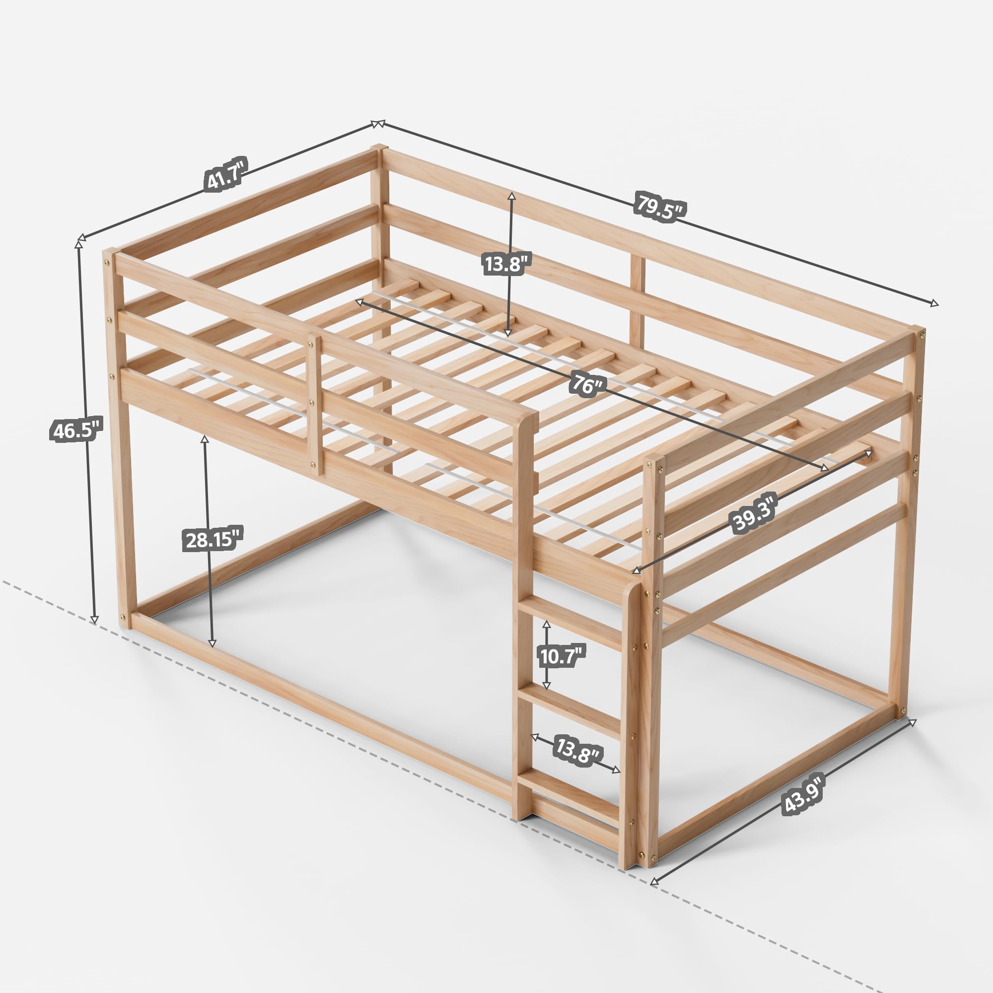 Low Twin Over Twin Bunk Bed with Ladder & Full Guardrails - Solid Wood Junior Bunk Bed for Boys, Girls & Kids - Space-Saving Bedroom Furniture for Small Rooms, Shared Kids' Rooms & Sleepovers (Natural Finish)