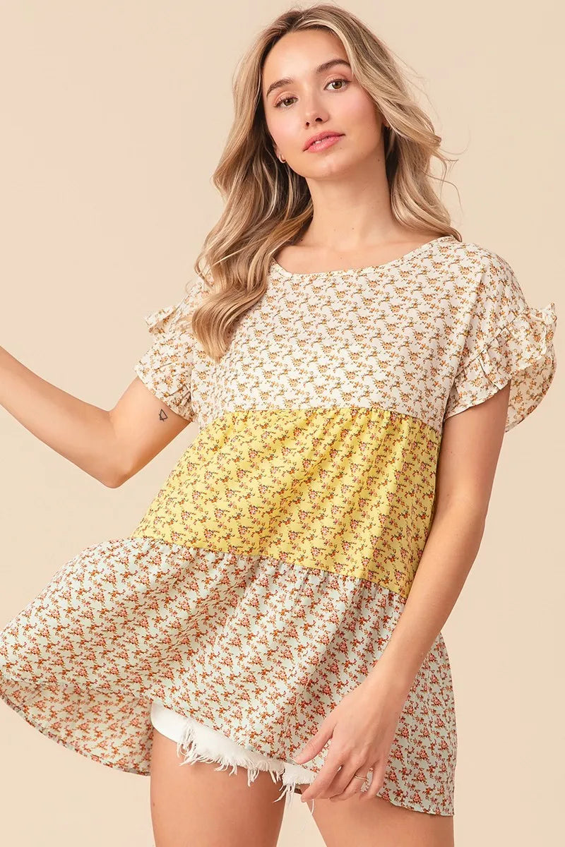 BiBi Floral Printed Woven Color Block Tiered Blouse - Women's Fashion Boho Chic Tunic Top for Casual Wear, Summer Outfits & Beach Vacations