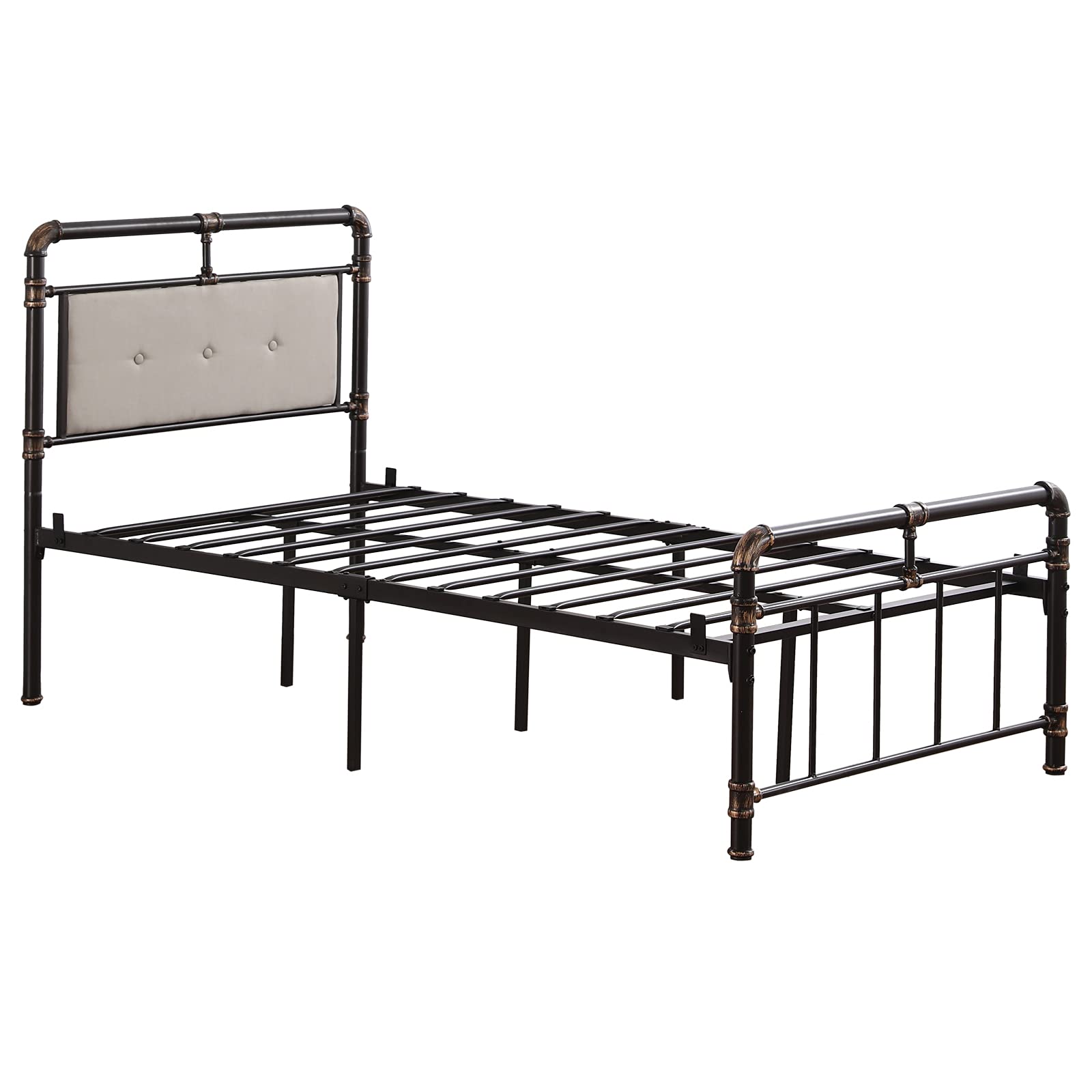 Single-Layer Bed Headboard with Soft Pull Button & Standpipe - Black Gold Painted Iron Twin Bed Frame for Small Bedrooms & Guest Rooms