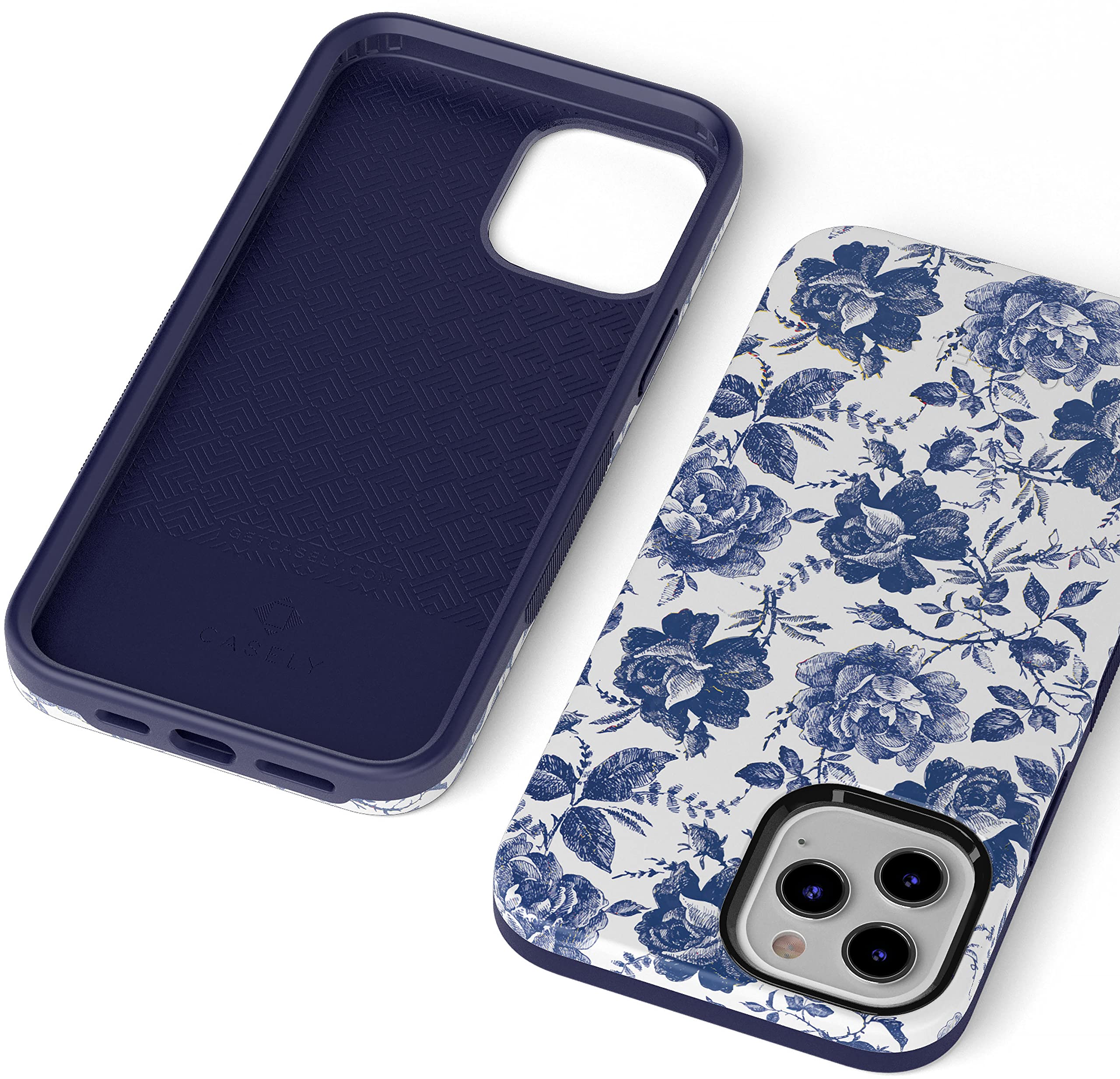 Casely iPhone 12/12 Pro Case - Rose Floral Design with Blue & White Flowers | MagSafe Compatible Protective Cover | Perfect for Everyday Use, Travel & Gift Giving