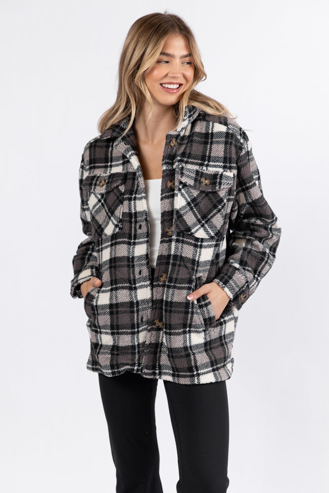 Through The Leaves Black Plaid Sherpa Shacket - Cozy Winter Jacket for Women | Perfect for Outdoor Adventures & Casual Wear