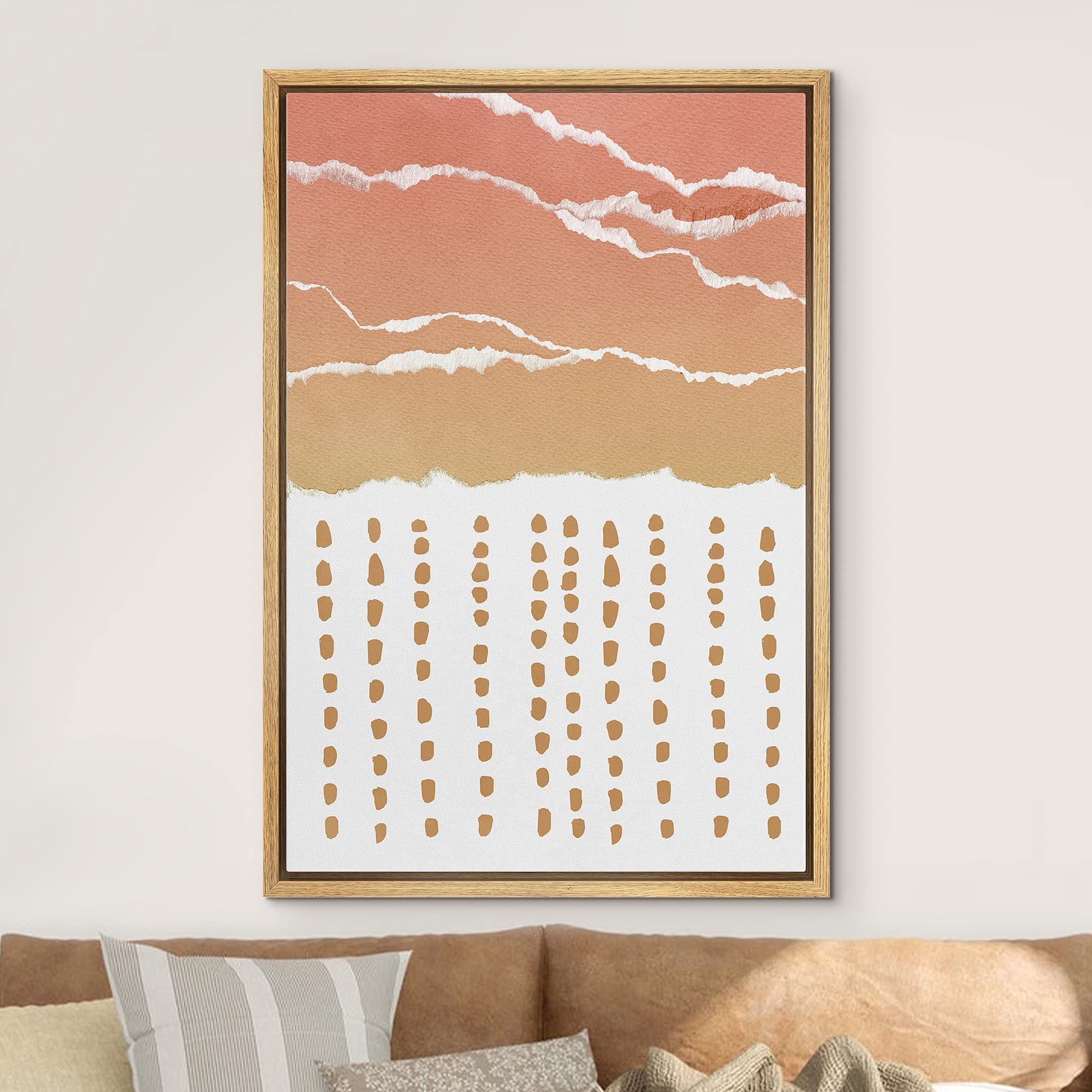 IDEA4WALL Framed Canvas Print Wall Art - Modern Abstract Pink & Yellow Torn Paper Effect with Dots Pattern, Mid-Century Style Home Decor for Living Room, Bedroom, Office - 16x24 Inches Natural Wood Frame | Perfect for Contemporary Spaces & Gift Giving