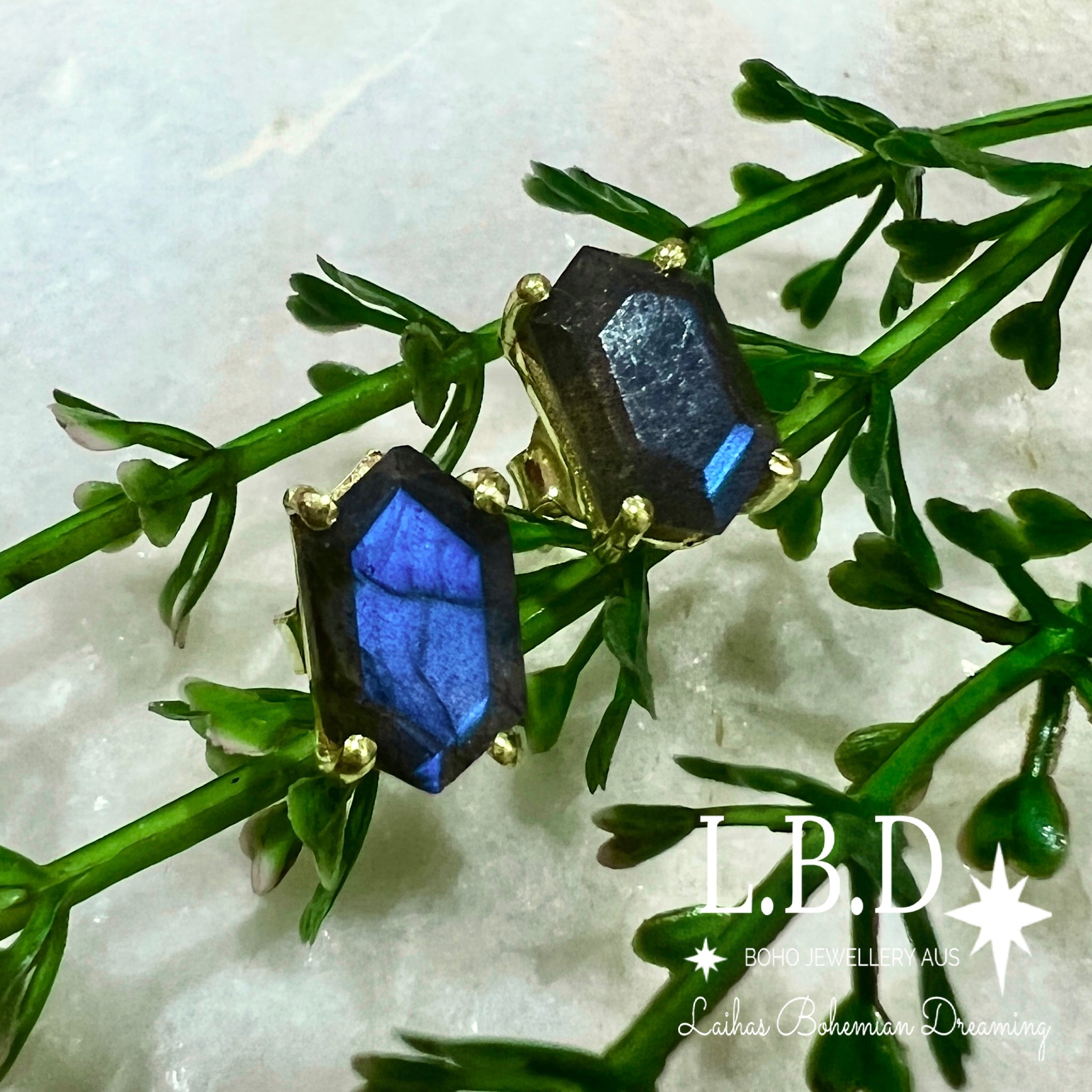 Hexagon Crystal Gold Labradorite Stud Earrings for Women - Elegant Gemstone Jewelry for Daily Wear, Parties & Gifts