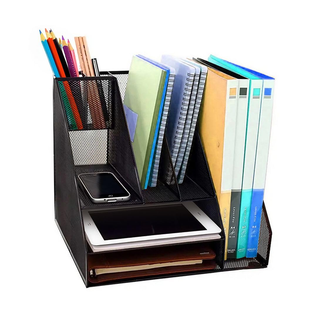 Mesh Desk Organizer with 8 Compartments - 2 Letter Trays, 4 Vertical File Holders & 2 Pen Holders - Office Supplies Organizer for Home & Office (Black) - Perfect for Decluttering Desks, Organizing Documents & Storing Stationery