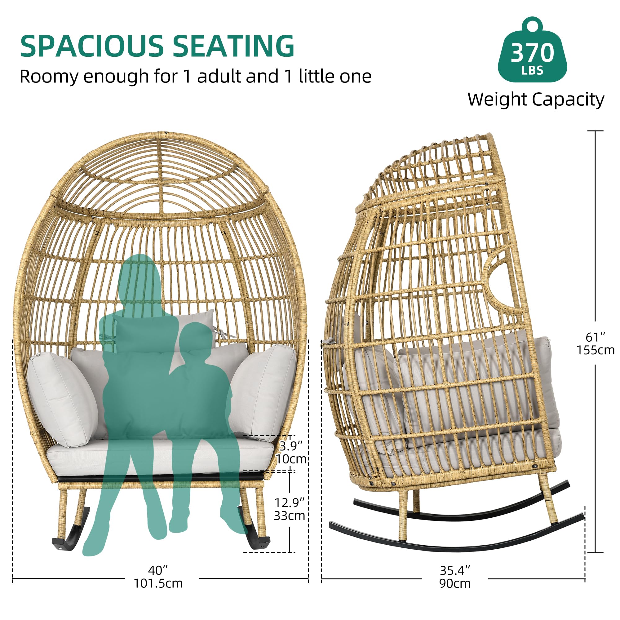 YITAHOME Grey Wicker Egg Chair for Outdoor Patio - Hanging Rocking Egg Chair with Stand - Perfect for Garden, Backyard, Balcony & Poolside Relaxation
