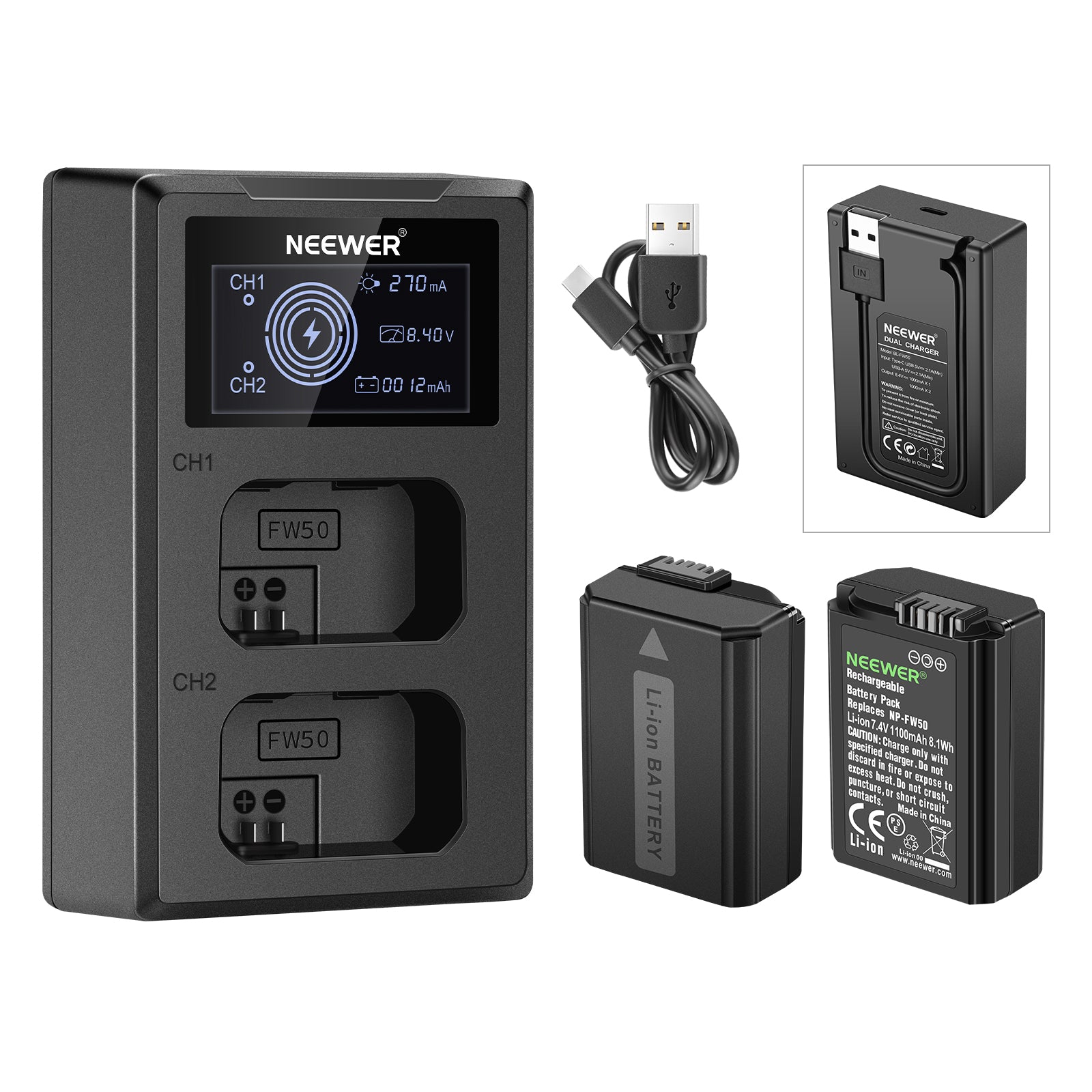 NEEWER 2 Pack NP-FW50 1100mAh Rechargeable Battery with Dual USB Charger for Sony A7 III A7R III A7S II A6000 A6300 A6500 Cameras - Perfect for Travel Photography & Vlogging