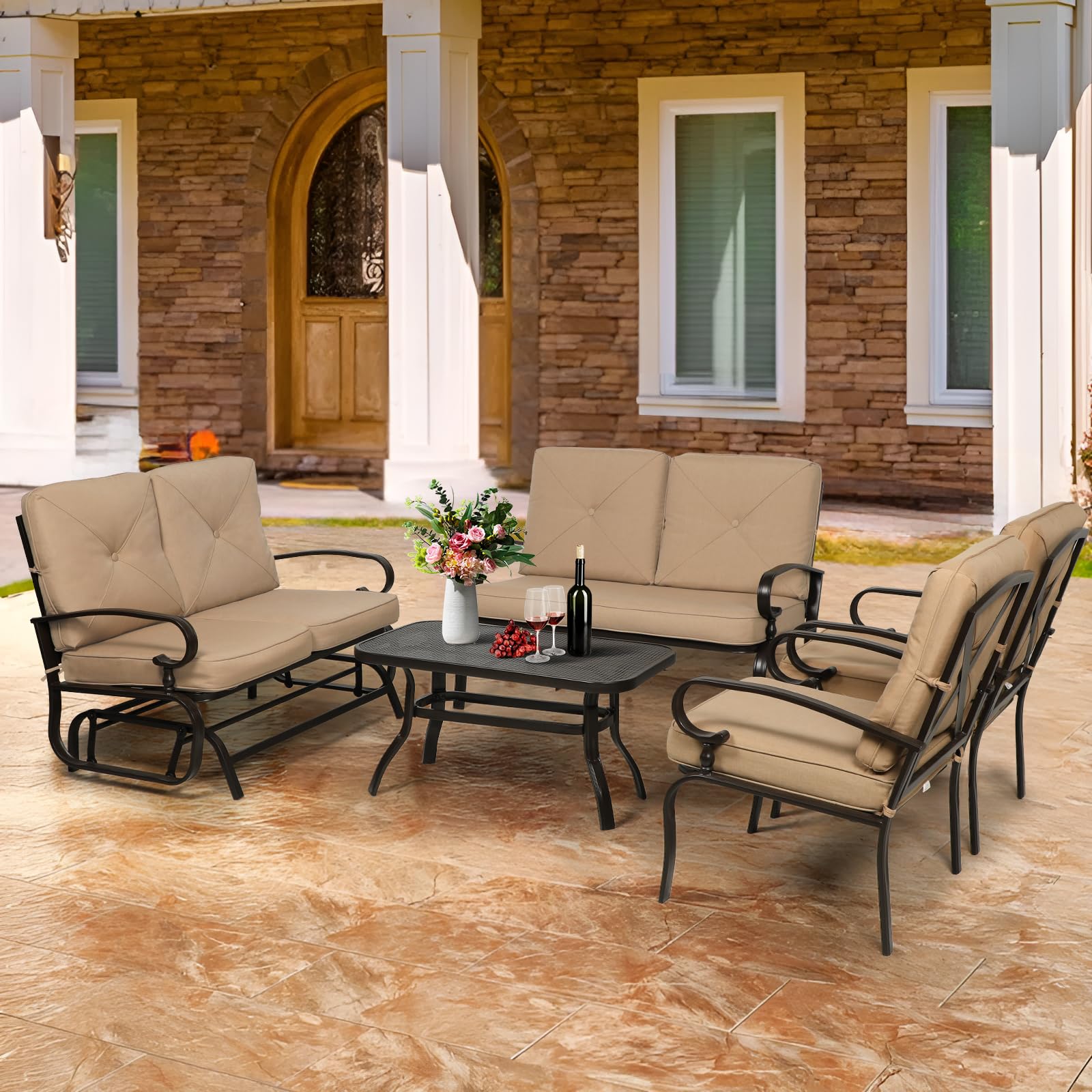 **Oakcloud 5-Piece Outdoor Metal Patio Furniture Set - Wrought Iron Glider, 2 Chairs, Loveseat & Coffee Table in Brown - Perfect for Garden, Backyard, and Poolside Relaxation**