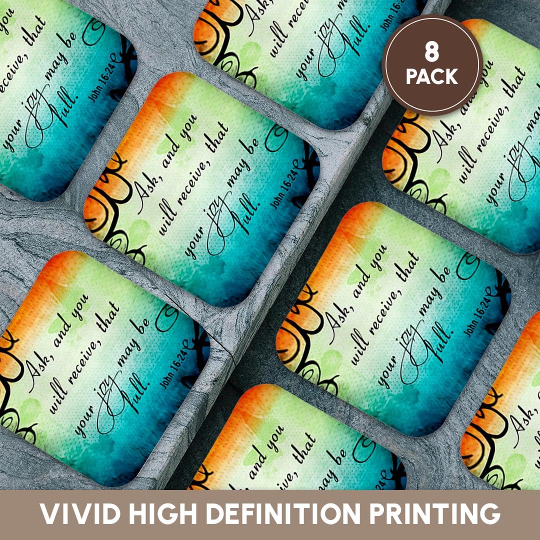 3D Rose Bible Verse Coasters - John 16:24, Set of 8 for Christian Home Decor