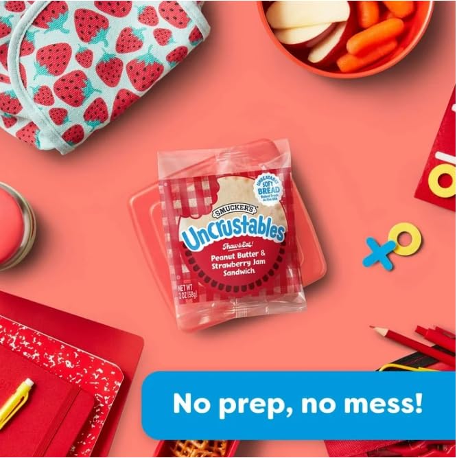 Uncrustables Peanut Butter & Strawberry Jam Frozen Sandwiches - 16 Packs (64 Count) | No-Crust PB&J Snacks for Kids Lunch, School, Picnics & On-the-Go