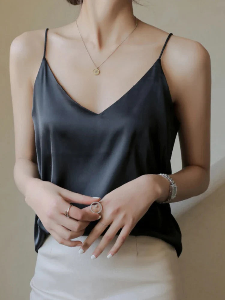 Acetate Satin Grey Camisole for Women - Loose Summer Spaghetti Strap Tank Top with V-Neck & Backless Design | Perfect for Layering, Beachwear & Night Out