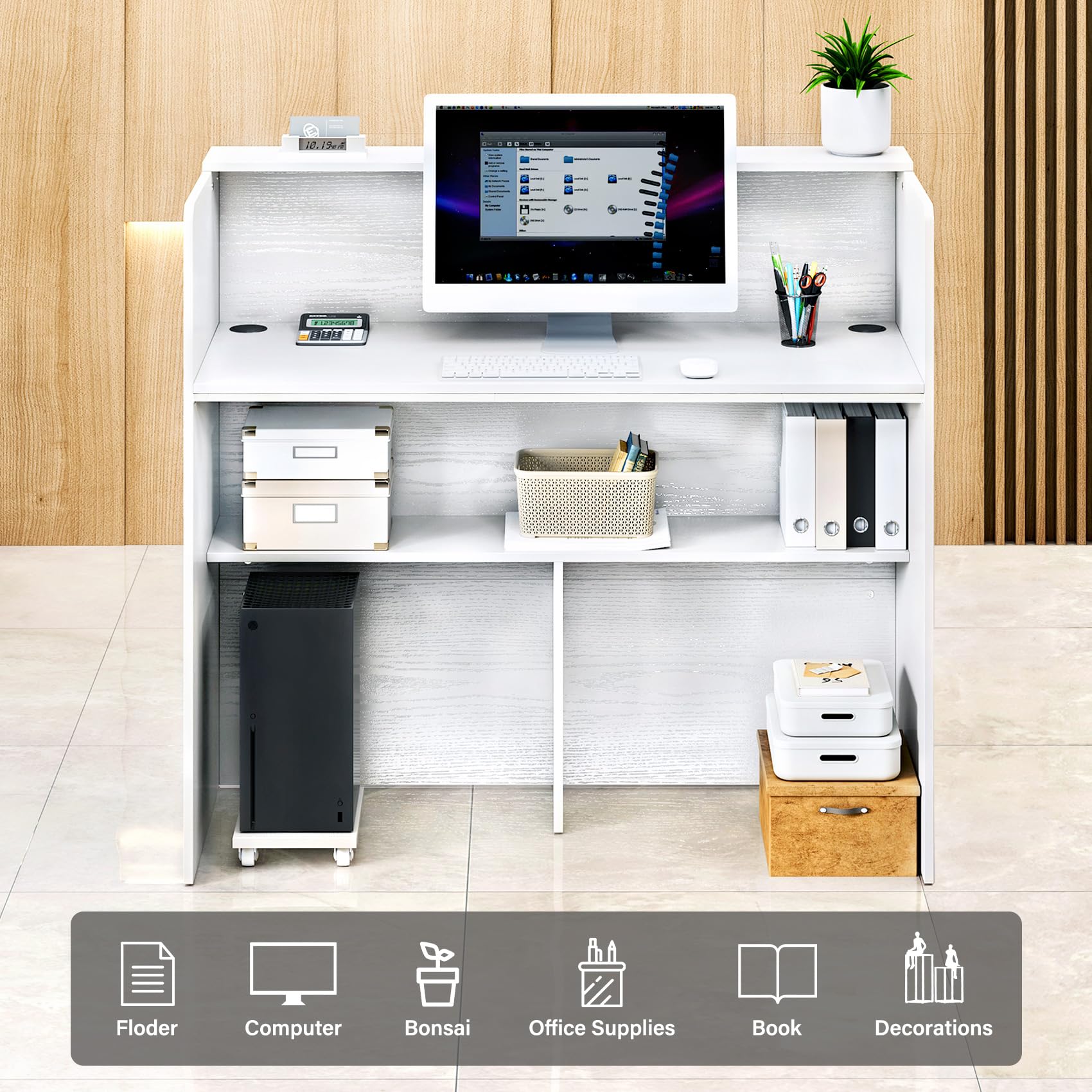 TC-HOMENY 48'' White Modern Reception Desk Counter Table with Cable Grommet - Perfect for Beauty Salon, Retail Store & Home Office (48