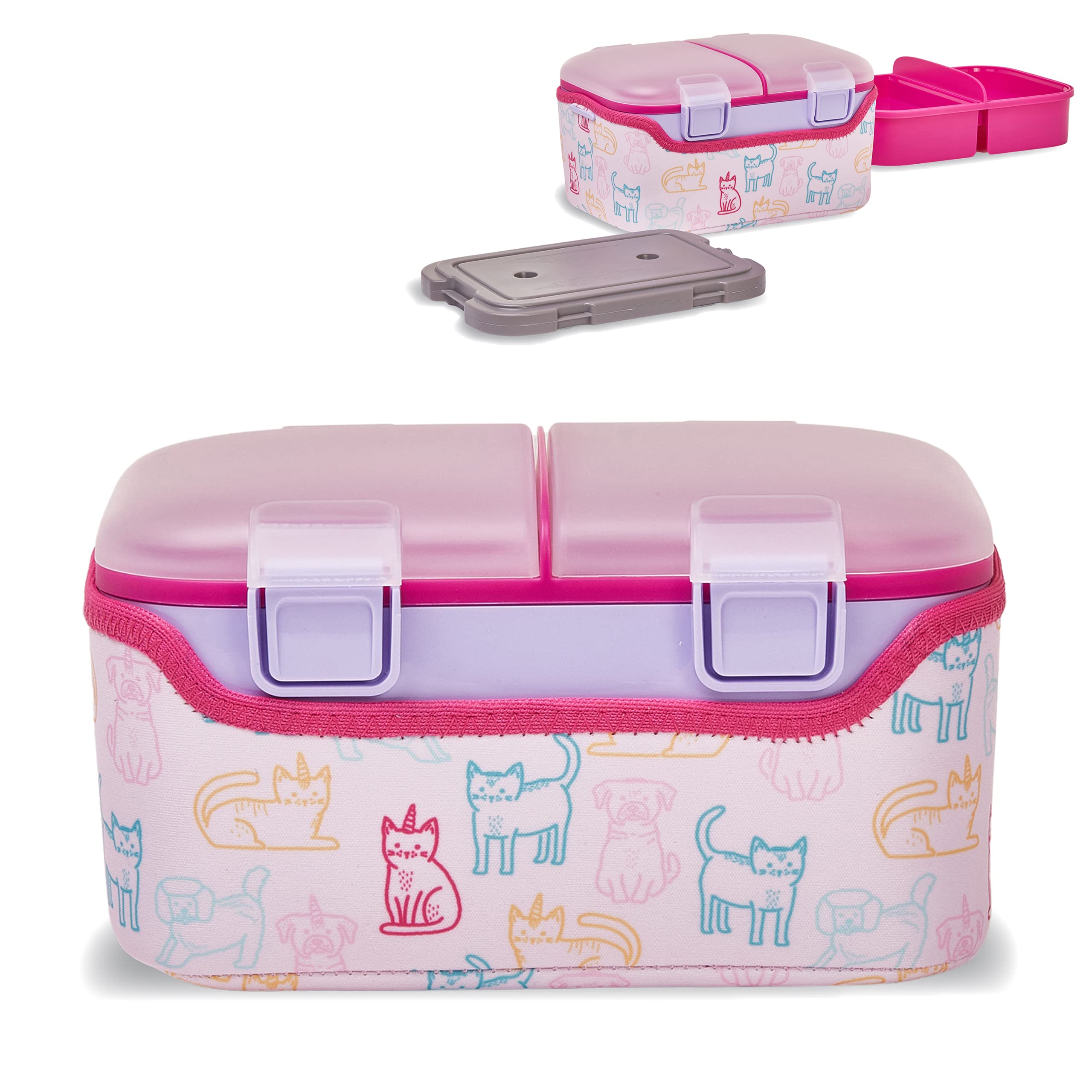 BPA-Free Stackable 3-Compartment Food Storage Container - Microwave & Freezer Safe Bento Lunch Box for Kids, Adults, Office & Meal Prep | Cats & Dogs Design | Eco-Friendly Reusable Food Cube for School, Work, Picnics & Travel