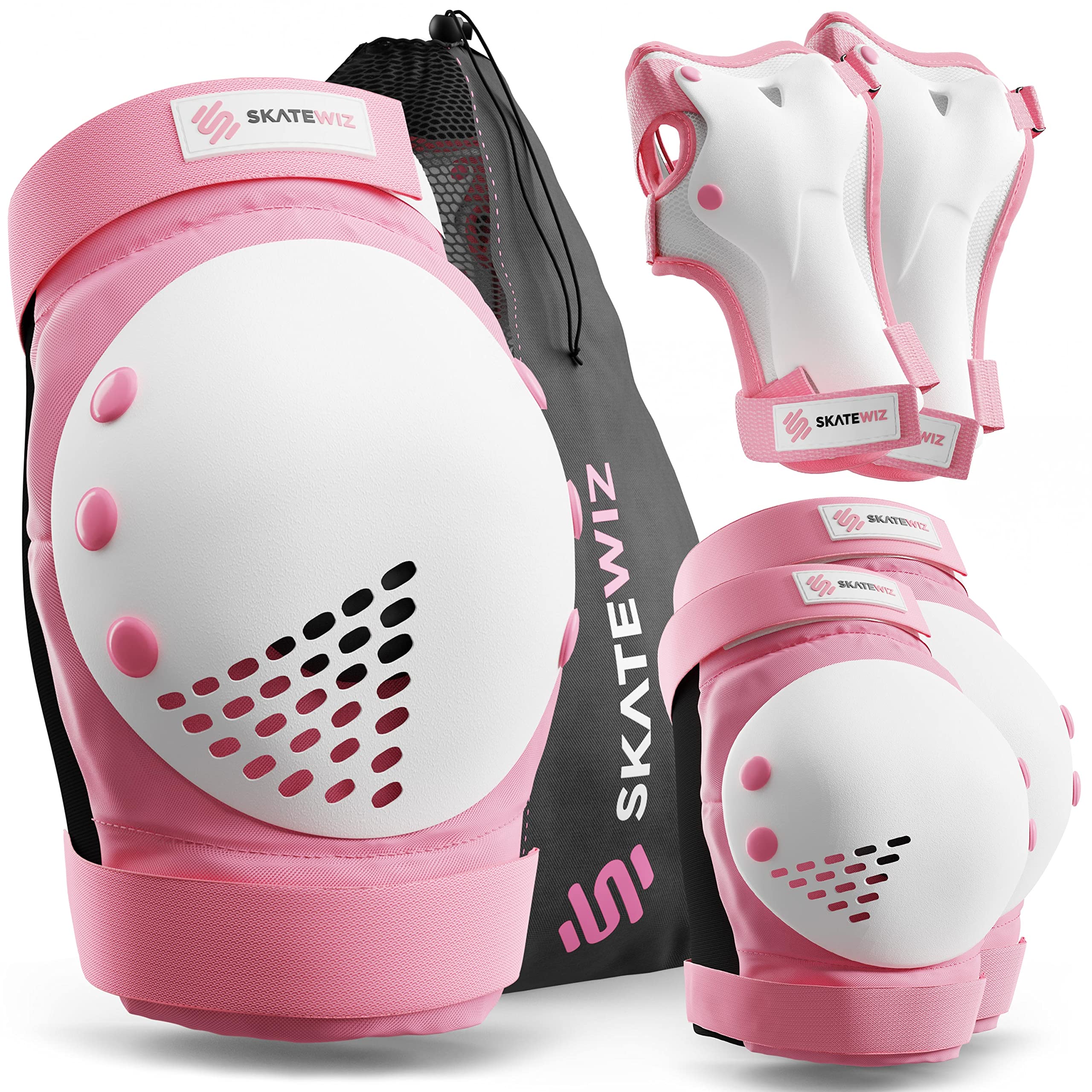 SKATEWIZ Kids & Adults Skateboard Protective Gear Set - 6pc Knee Pads, Elbow Pads & Wrist Guards for Roller Skating, Roller Derby & Skateboarding - Impact Protection Safety Equipment for Beginners & Pros