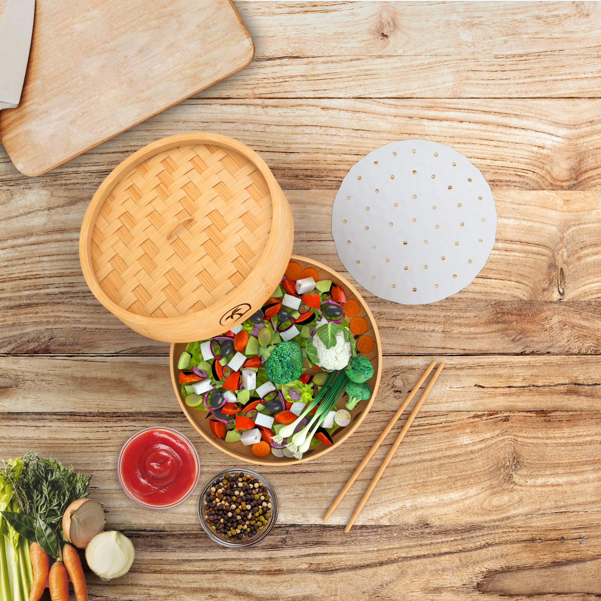 2-Tier 8-Inch Bamboo Steamer Basket Set with Lid - 3-Piece Dumpling Steamer, 2 Chopsticks & 50 Perforated Liners - Natural Bamboo for Healthy Cooking - Perfect for Steaming Dumplings, Vegetables, Rice & Asian Dishes at Home