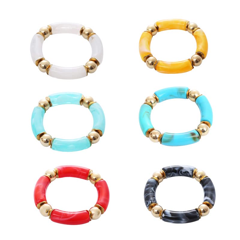 Gold Plated Bamboo Tube Beaded Acrylic Stretch Bracelet - Colorful Chunky Curved Bangle with Gold Accent Beads for Women | Perfect Summer Jewelry for Beach, Friendship Gifts & Boho Fashion Accessories