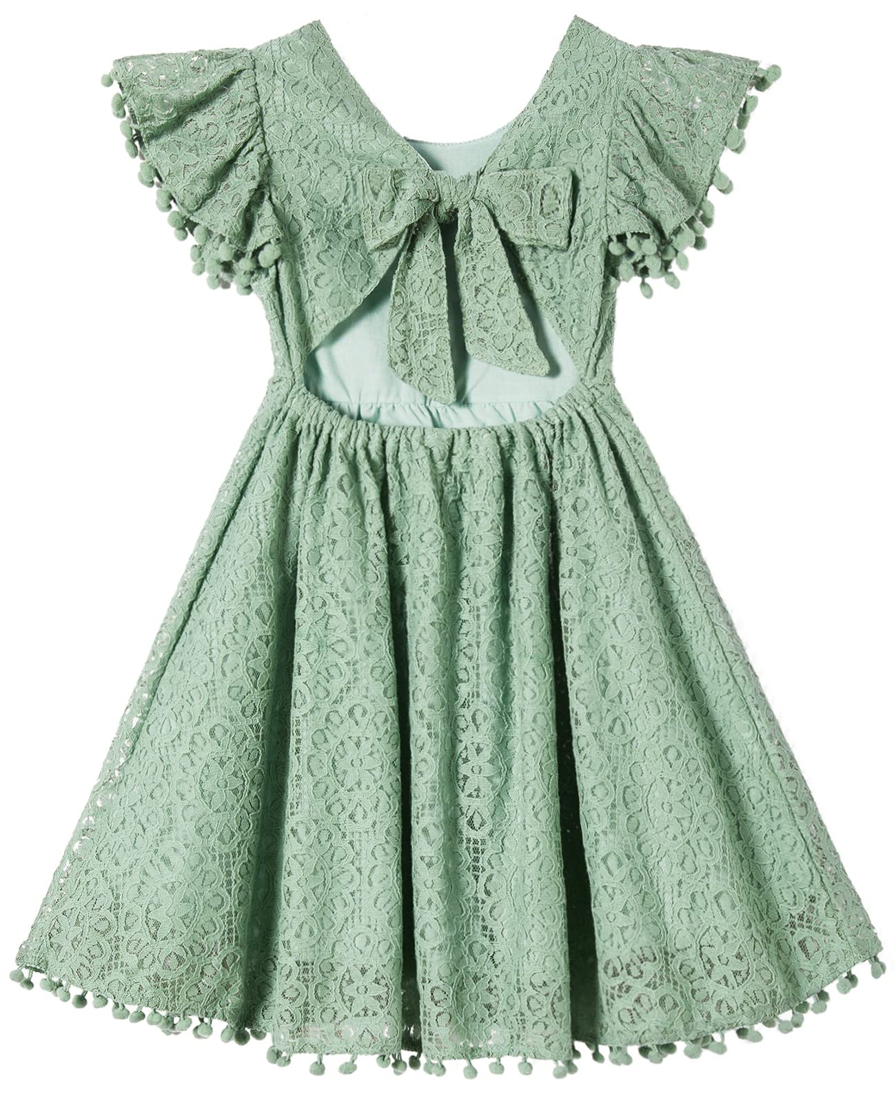 Niyage Backless Toddler Dress for Girls - Lace Bow Tie-Back with Pom Pom Flutter Sleeves - Princess Party Dress for Birthday, Photo Shoots & Special Occasions