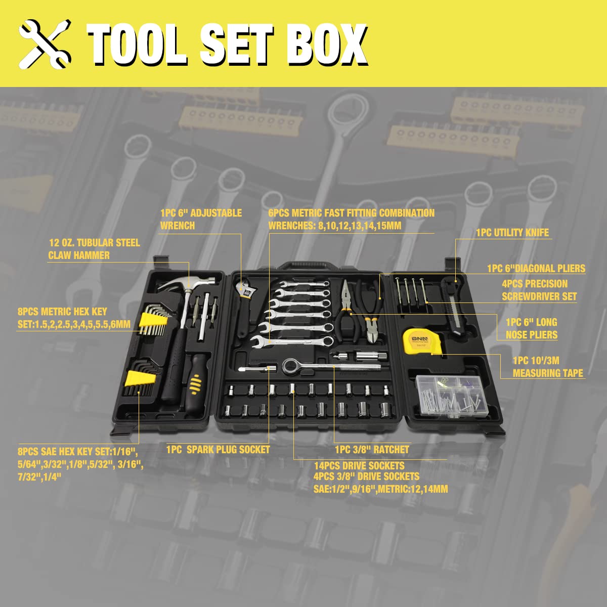DNA Motoring TOOLS-00024 160-Piece Mechanic's Tool Set with Socket, Hex Key, Screwdriver & Ratchet - Complete Yellow Tool Kit for Auto Repair, Home Improvement & DIY Projects