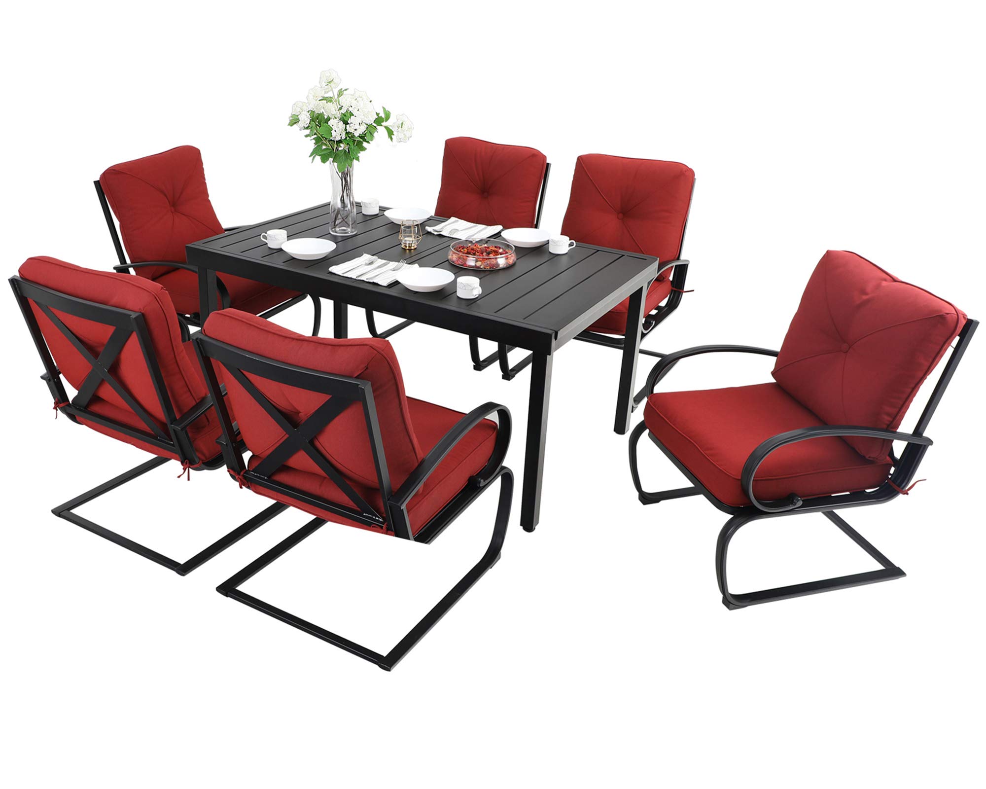 MFSTUDIO 7-Piece Outdoor Patio Dining Set with 6 Spring Motion Chairs & 1 Expandable Table - Burgundy Garden Furniture for Backyard, Lawn, Porch | Perfect for Outdoor Entertaining & Family Gatherings