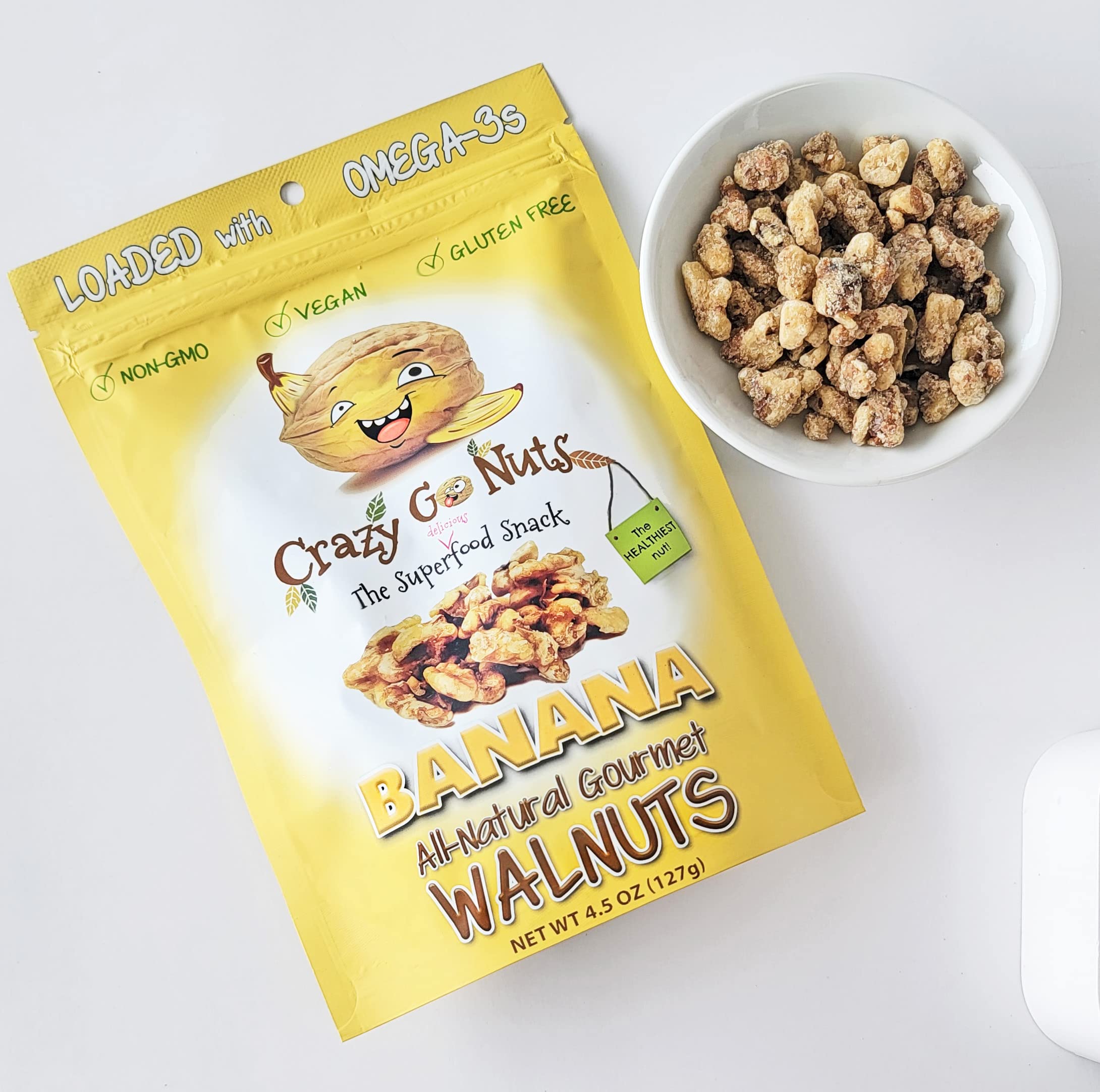 Crazy Go Nuts Banana Flavored Walnuts - 4.5 oz (3-Pack) | Healthy Vegan Snacks, Gluten Free Superfood | Non-GMO, Rich in Omega 3, ALA & Antioxidants | Perfect for On-the-Go, Office & Post-Workout Nutrition