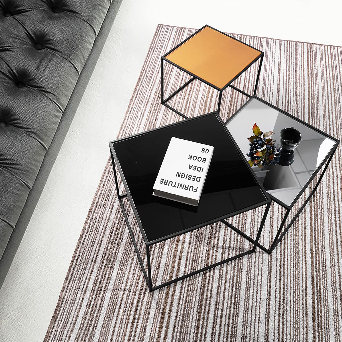 3-Piece Black Steel Tube Nesting Coffee Table Set - Mirror Top End/Side Tables for Living Room, Bedroom, Entryway & Hallway - Modern Sofa Center Table, Bedside Table & Console Table for Home Decor