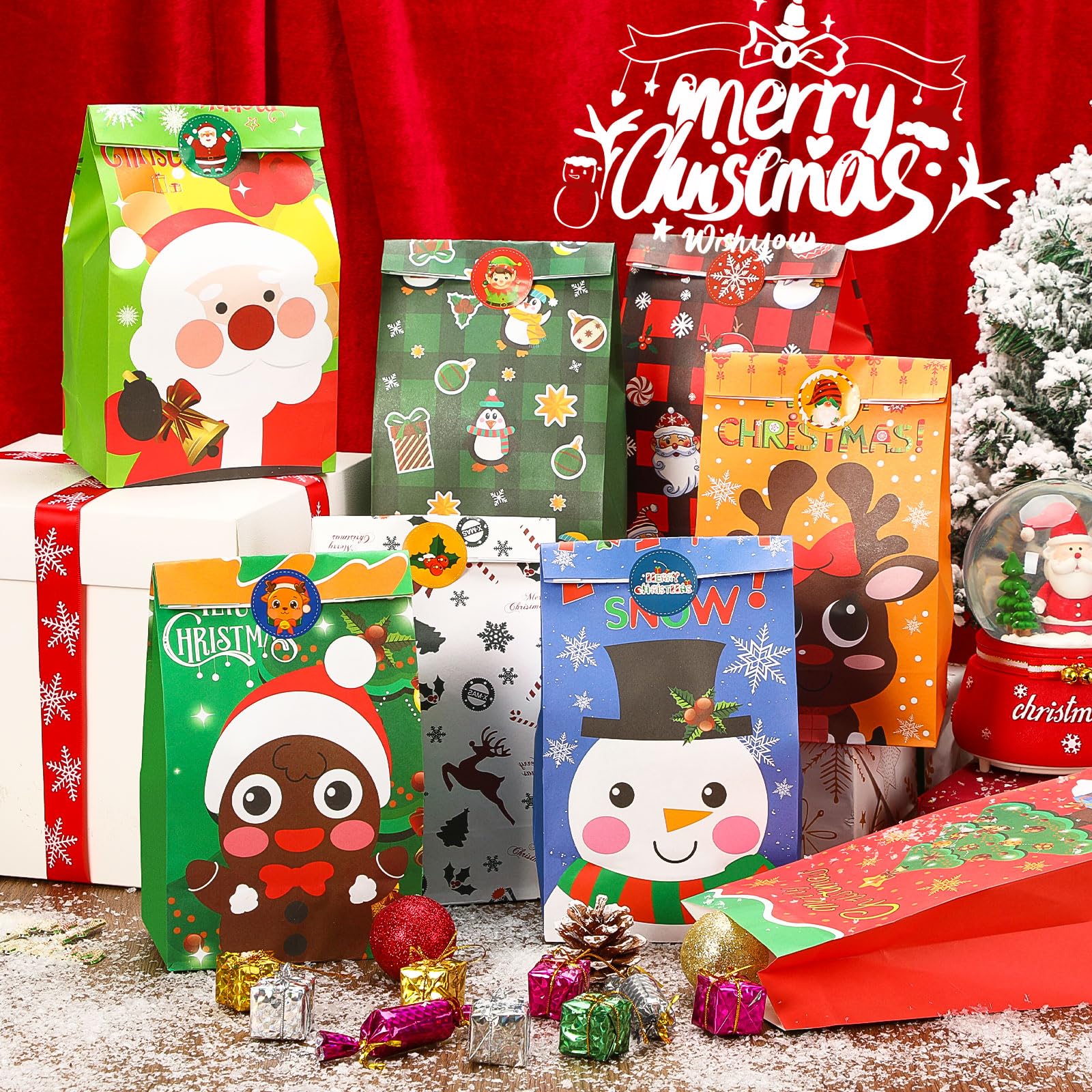 FEBSNOW 40-Pack Christmas Gift Bags with Stickers - Holiday Candy Treat Bags for Kids, Xmas Cookie Wrapping, Party Favors & Craft Paper Bags - Perfect for Christmas Parties, School Events & Gift Exchanges
