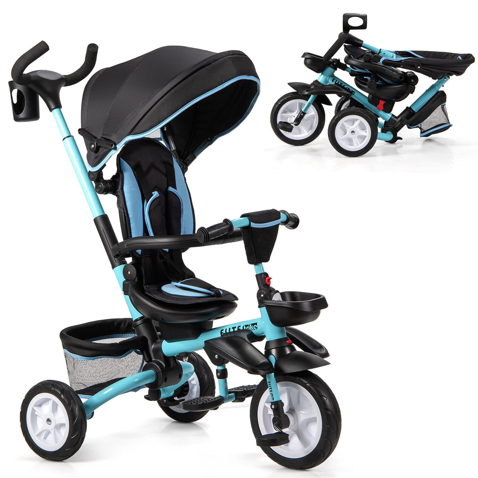 BABY JOY 7-in-1 Foldable Toddler Tricycle with Adjustable Canopy, Safety Harness & Removable Push Handle - Convertible Kids Trike for 1-5 Year Olds (Blue) - Perfect for Outdoor Play, Park Rides & Learning to Cycle