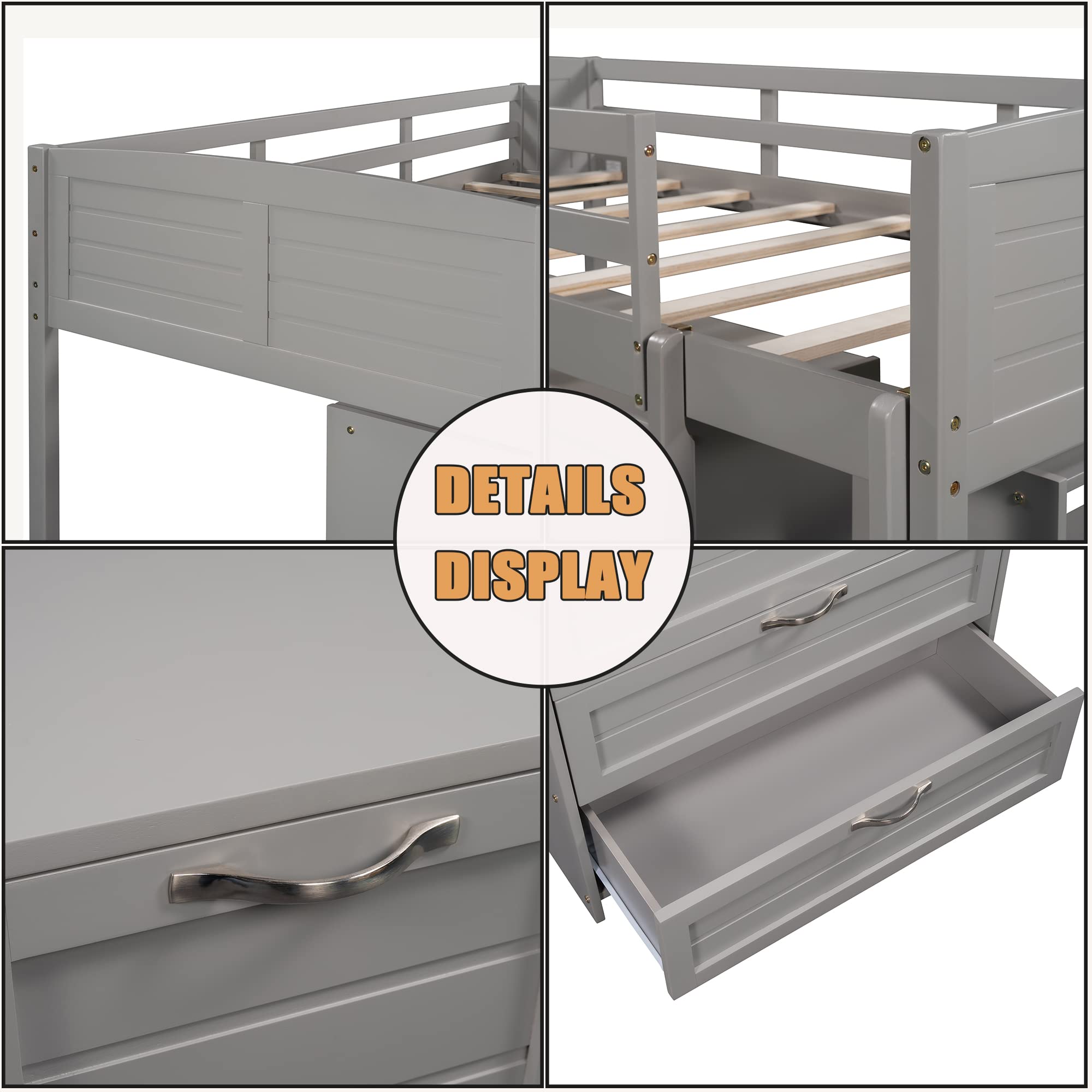 Harper & Bright Designs Twin Loft Bed with Slide - Solid Wood Low Loft Bed with Cabinet, Storage Shelves & Drawers - Twin Size Loft Bed Frame for Girls & Boys (Grey) - Perfect for Small Kids' Rooms, Playrooms & Space-Saving Bedroom Solutions