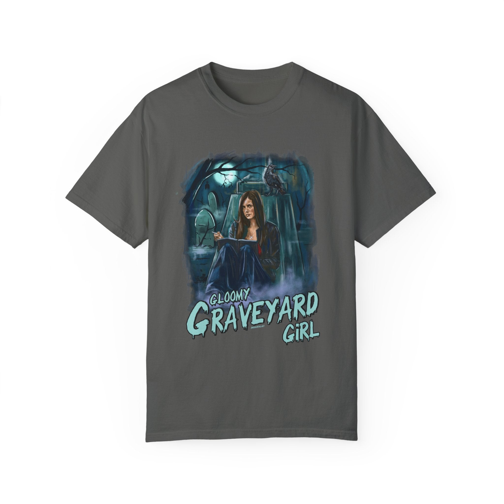 Gloomy Graveyard Girl Graphic T-Shirt - Gothic Horror Fashion for Women | Perfect for Halloween, Cosplay & Alternative Style Outfits