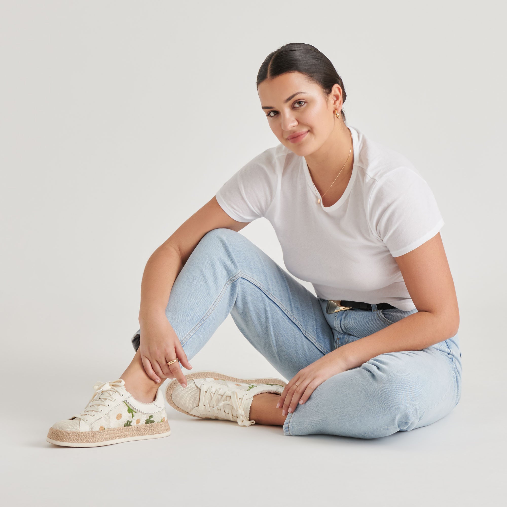 AZALIA Women's White Floral Raffia Sneakers - Comfortable Casual Shoes for Summer, Beach, and Outdoor Activities