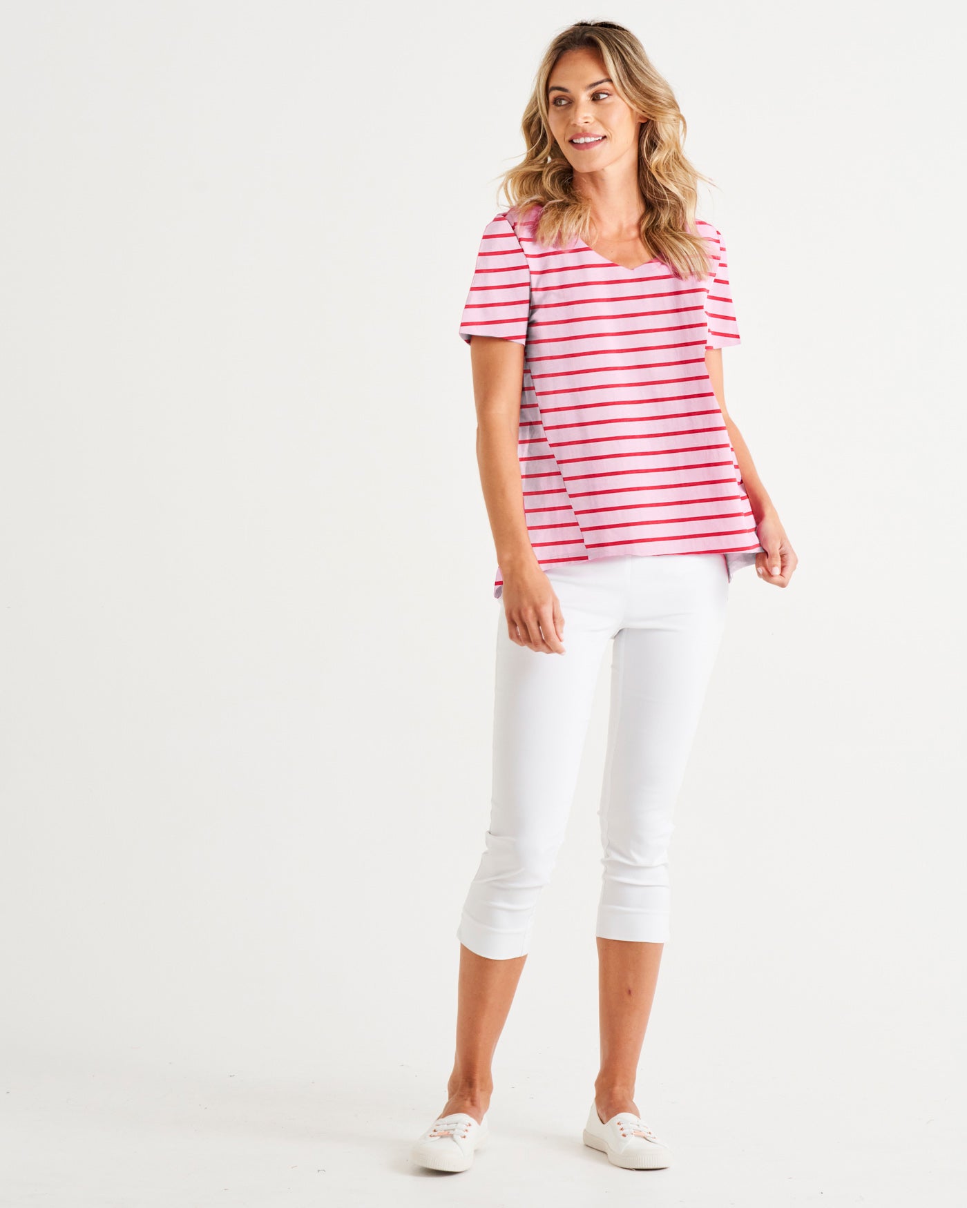 Betty Basics Luella Tee - Women's Casual Short Sleeve Striped T-Shirt with Cherry Blossom Print | Perfect for Spring Outfits, Daily Wear & Casual Occasions