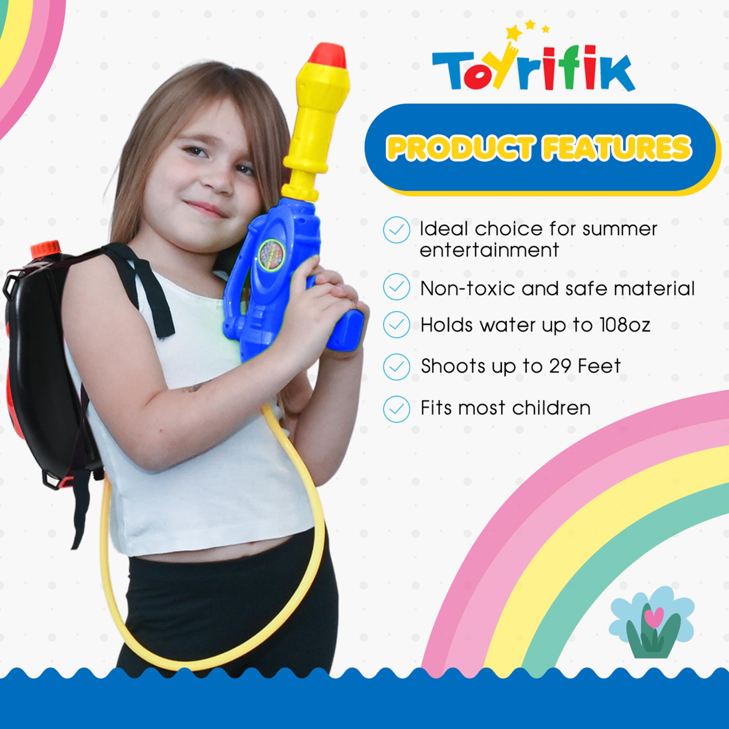Toyrifik Water Gun Backpack - Kids Water Blaster with Tank, Ladybug Design - Outdoor Summer Pool & Beach Water Toys for Children | Perfect for Backyard Parties, Water Fights, and Summer Camp Activities