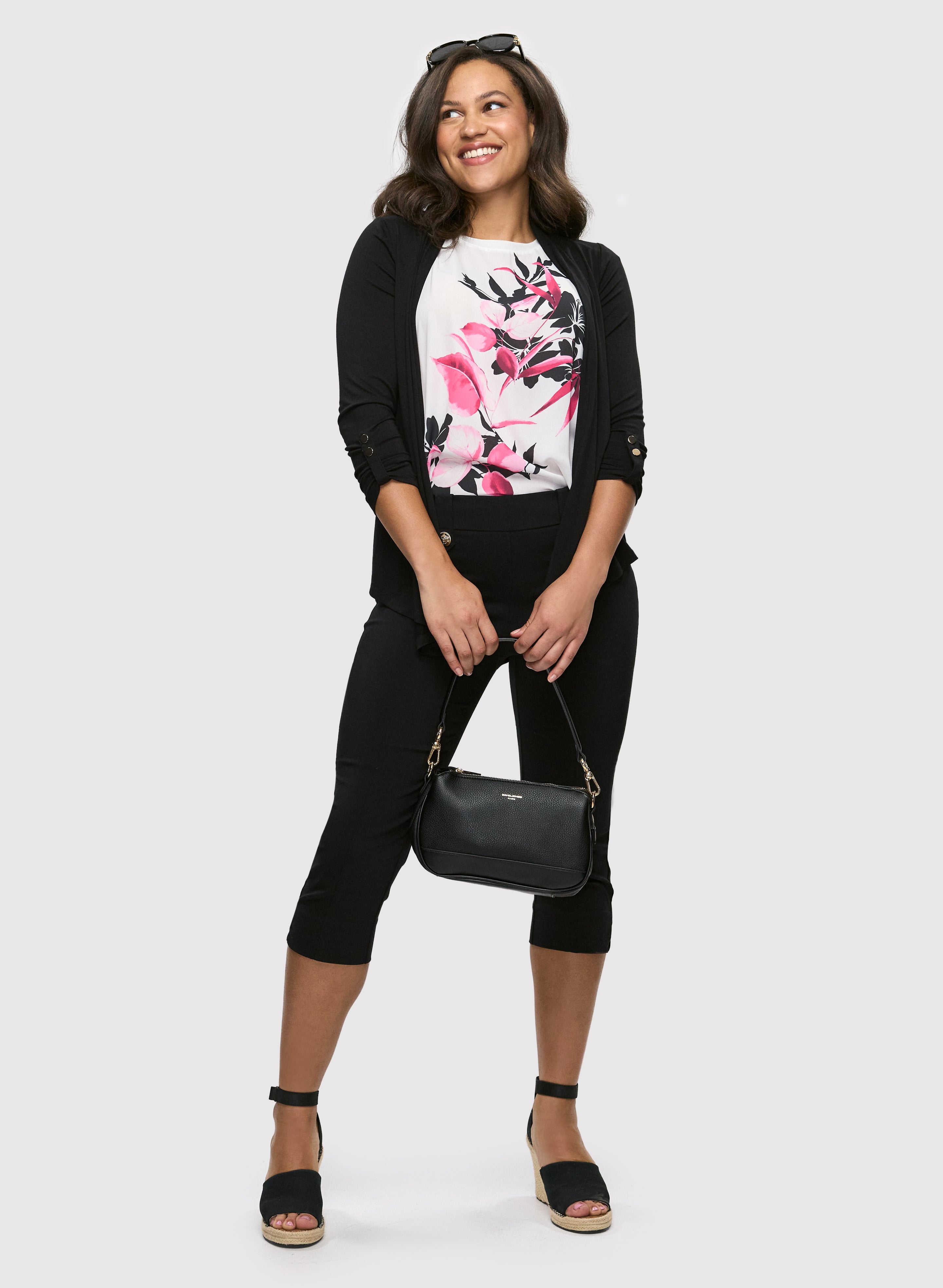 Embellished Sleeve Cardigan Sweater & Stretchy Pull-On Essential Capris for Women - Cozy Outfit for Fall Fashion, Workwear and Casual Weekend Looks