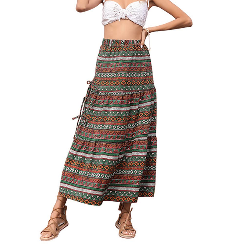 Boho Tribal Print Maxi Skirt for Women - High Elastic Waist with Tie Knot & Side Split - Perfect for Beach Vacations, Music Festivals, and Summer Outfits