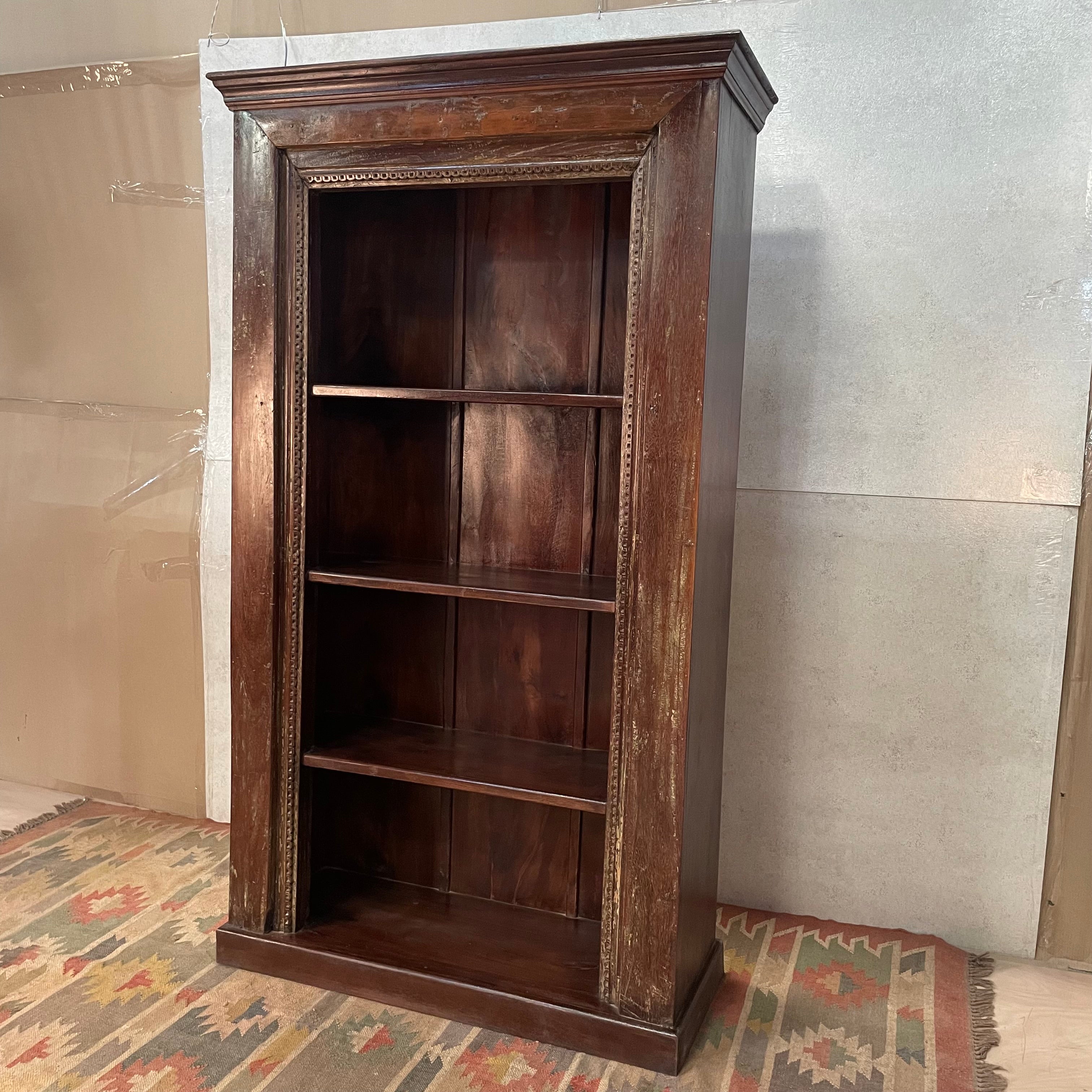 Handcrafted Indian Solid Hardwood Bookshelf - Dark Brown Carved Wooden Bookcase 108x46x205cm - Perfect for Living Room, Study & Office Storage