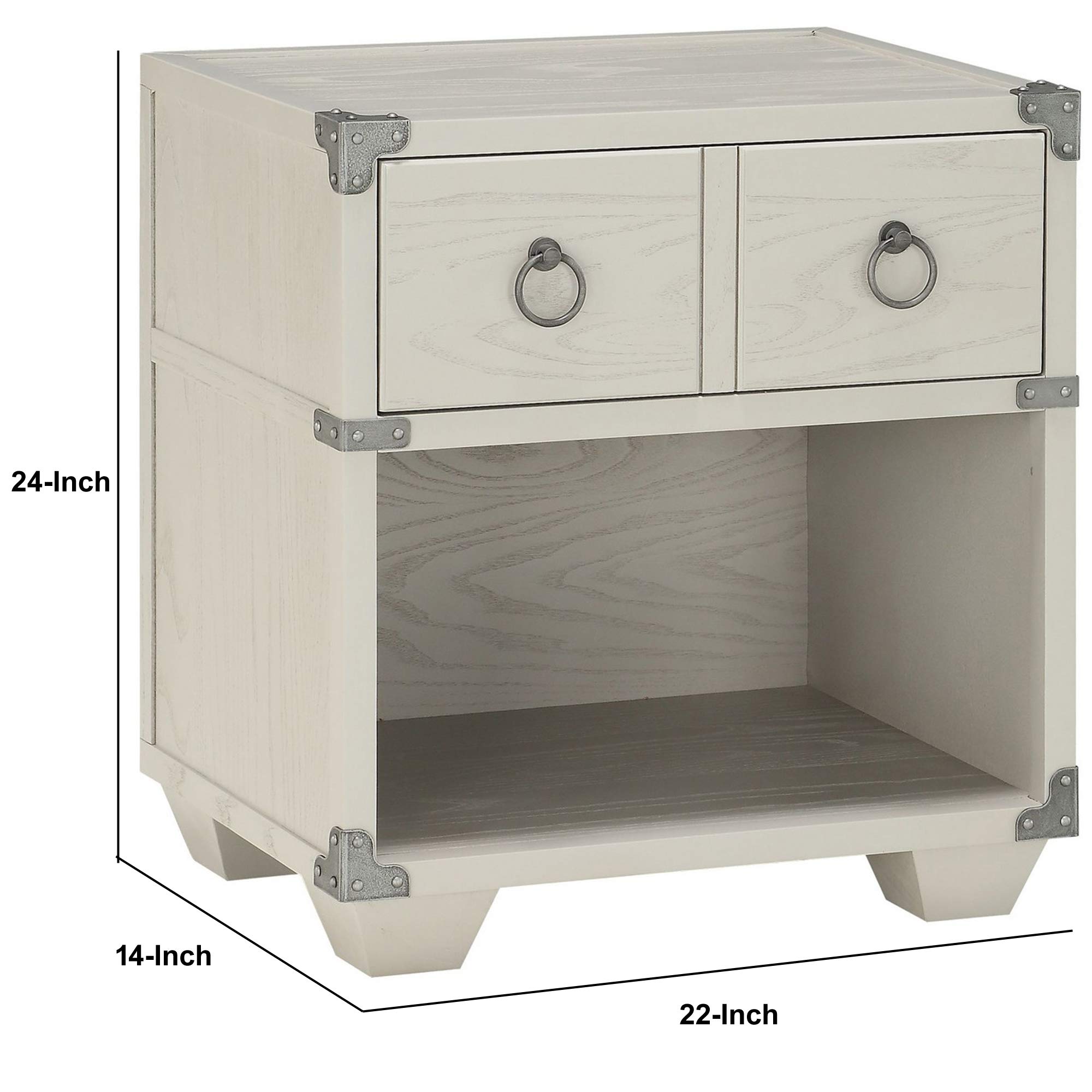 Benjara 2-Drawer Wooden Nightstand with Metal Ring Pulls, Gray - Stylish Bedside Table for Bedroom, Living Room, or Office Storage
