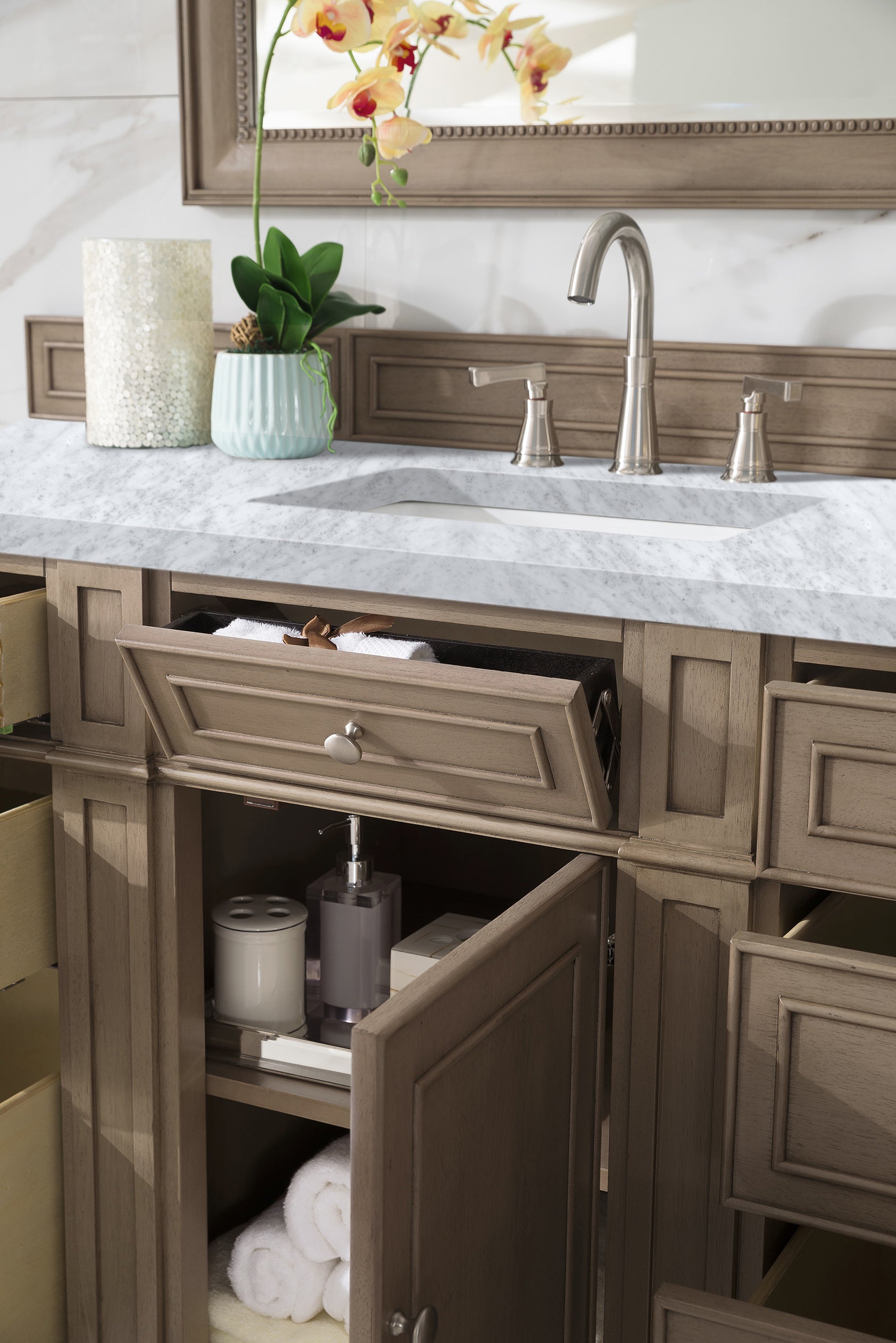 Bristol 60 Inch Single Bathroom Vanity with Whitewashed Walnut Finish and 3CM Carrara Marble Top - Perfect for Modern Master Bathrooms & Powder Rooms