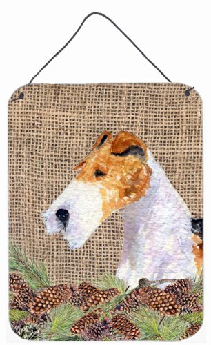 Fox Terrier Metal Wall Art Sign - 12x16 Inch Aluminum Home Decor with Faux Burlap & Pine Cones Design - Perfect for Kitchen, Bar, Bathroom, Front Door & Living Room Decor - Durable Indoor/Outdoor Hanging Plaque