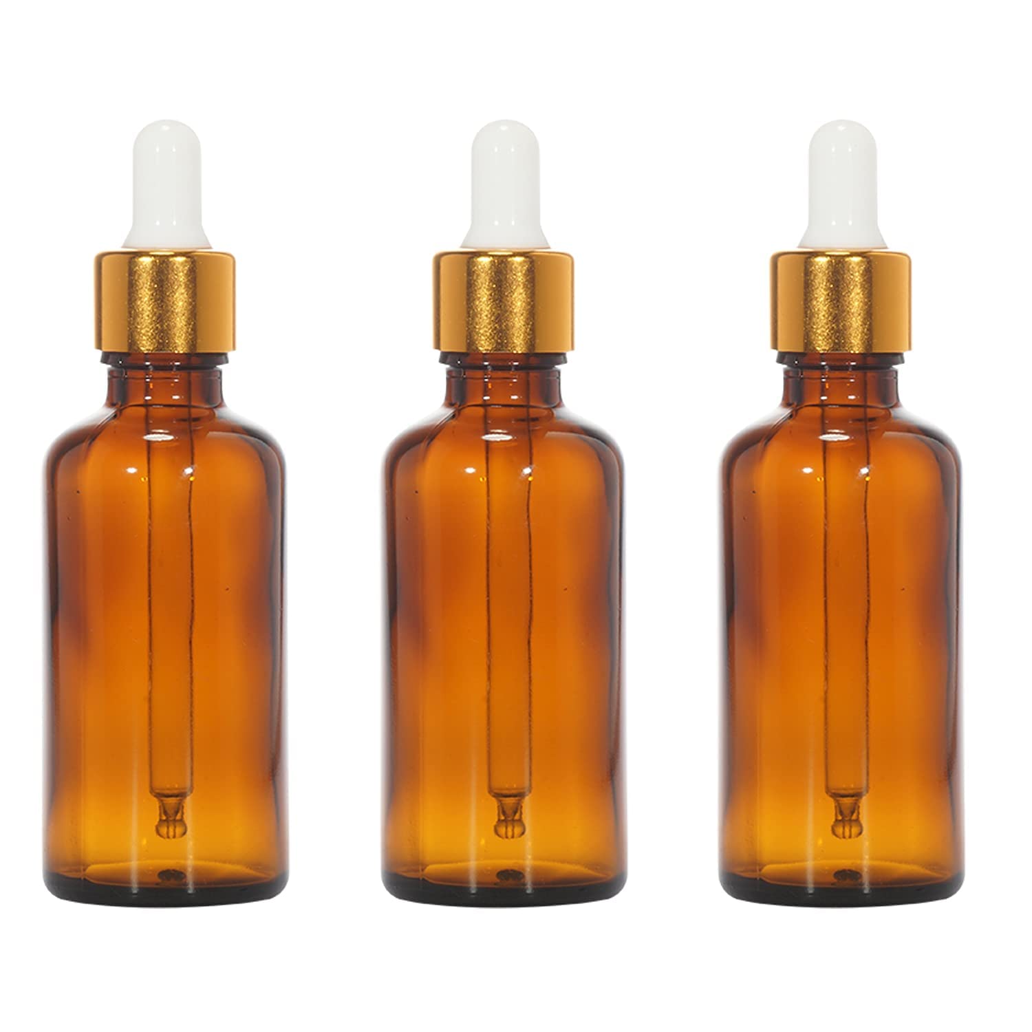 Amber Glass Empty Bottles with Golden White Glass Droppers - 50ml (3Pcs) - Essential Oil Bottles, Cuticle Oil Bottles, Body Oil Bottles, Tincture Bottles - Perfect for DIY Skincare, Aromatherapy & Herbal Remedies