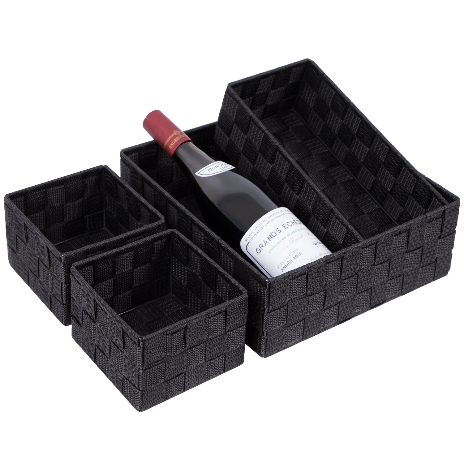 Woven Storage Baskets Set of 4 - Black Organizers for Drawer & Closet