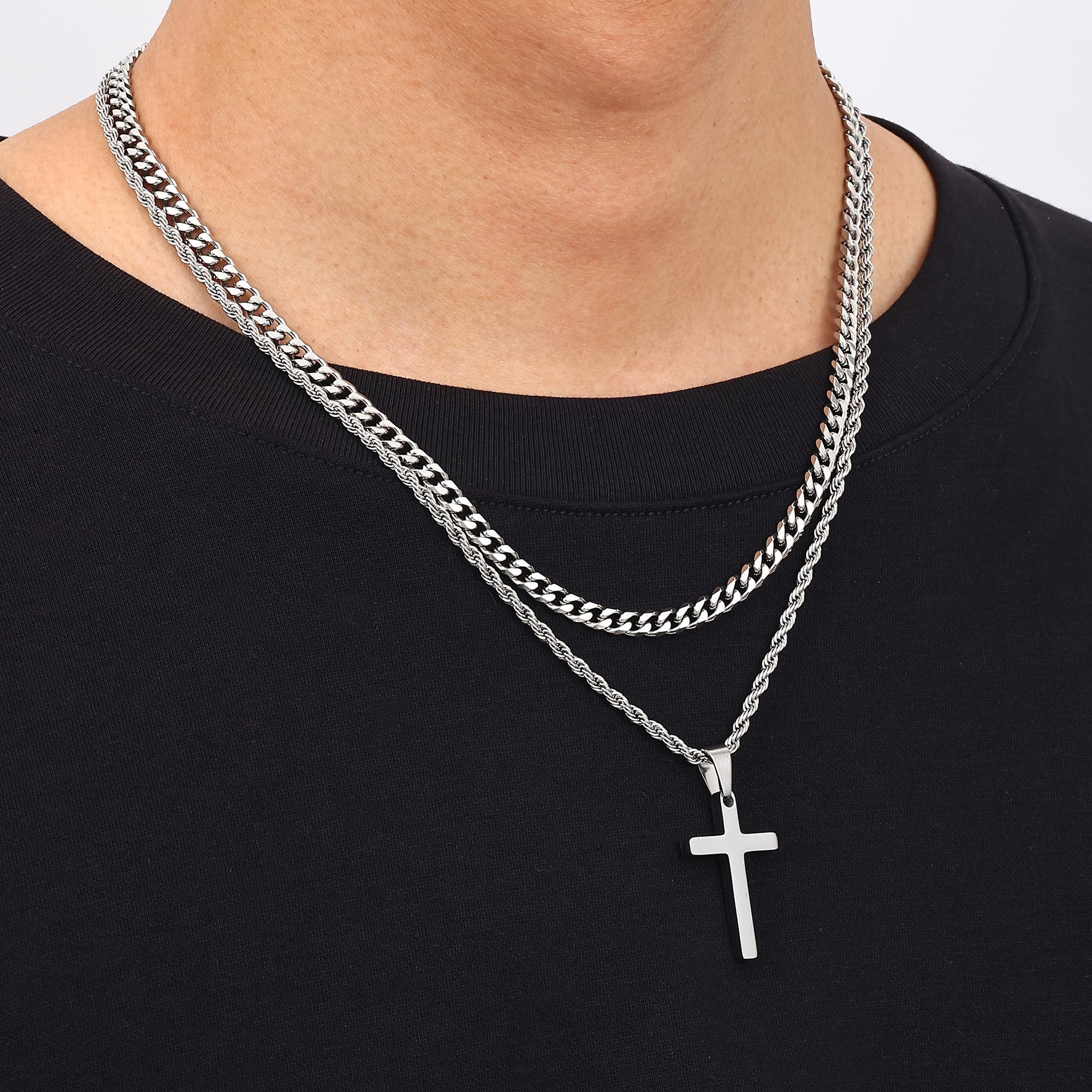 Fiusem Stainless Steel Cross Necklace for Men & Women - Layered Cuban Link & Rope Chain Pendant (16-26 Inch) - Perfect for Everyday Wear, Gifts & Religious Occasions