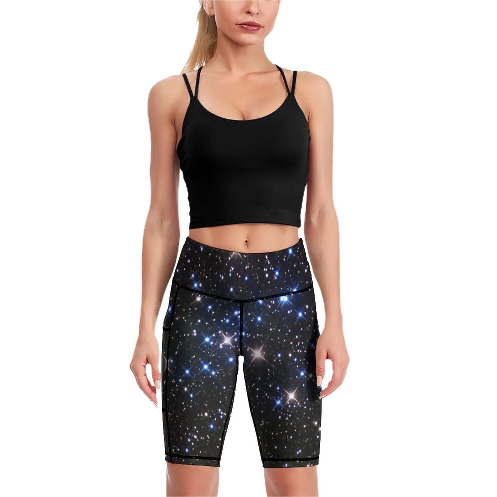 Asodomo Star Galaxy Women's High Waist Cycling Shorts with Side Pockets - Workout Running Yoga Athletic Shorts for Gym, Fitness & Outdoor Activities