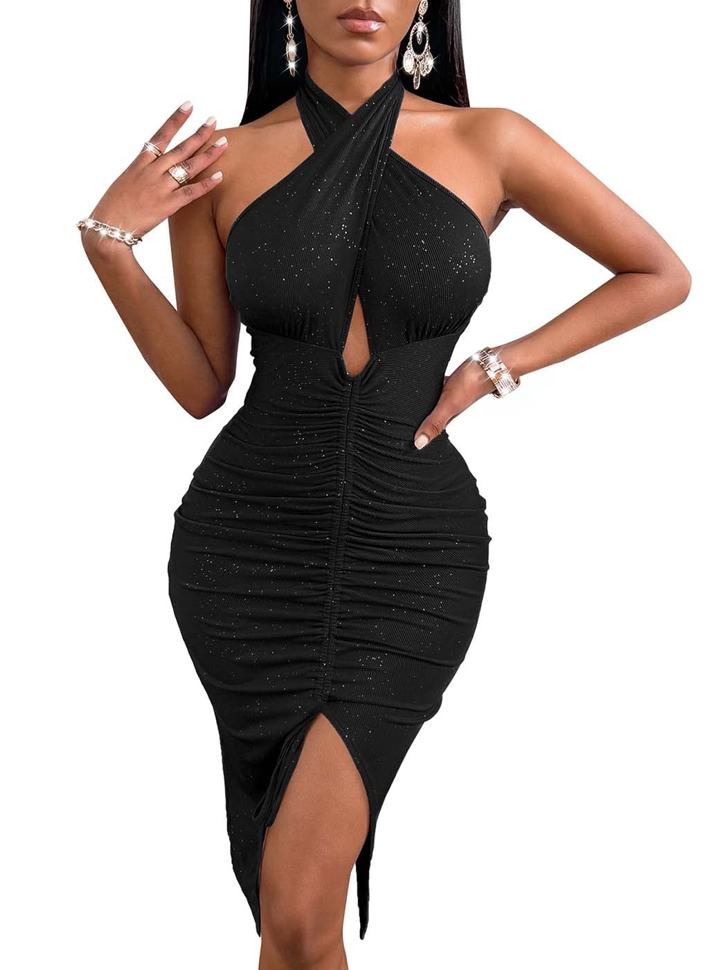 Zoestar Halterneck Glitter Bodycon Dress for Women - Stretchy Evening Party Prom Gown for Girls & Women | Perfect for Cocktail Parties, Dinners & Special Occasions