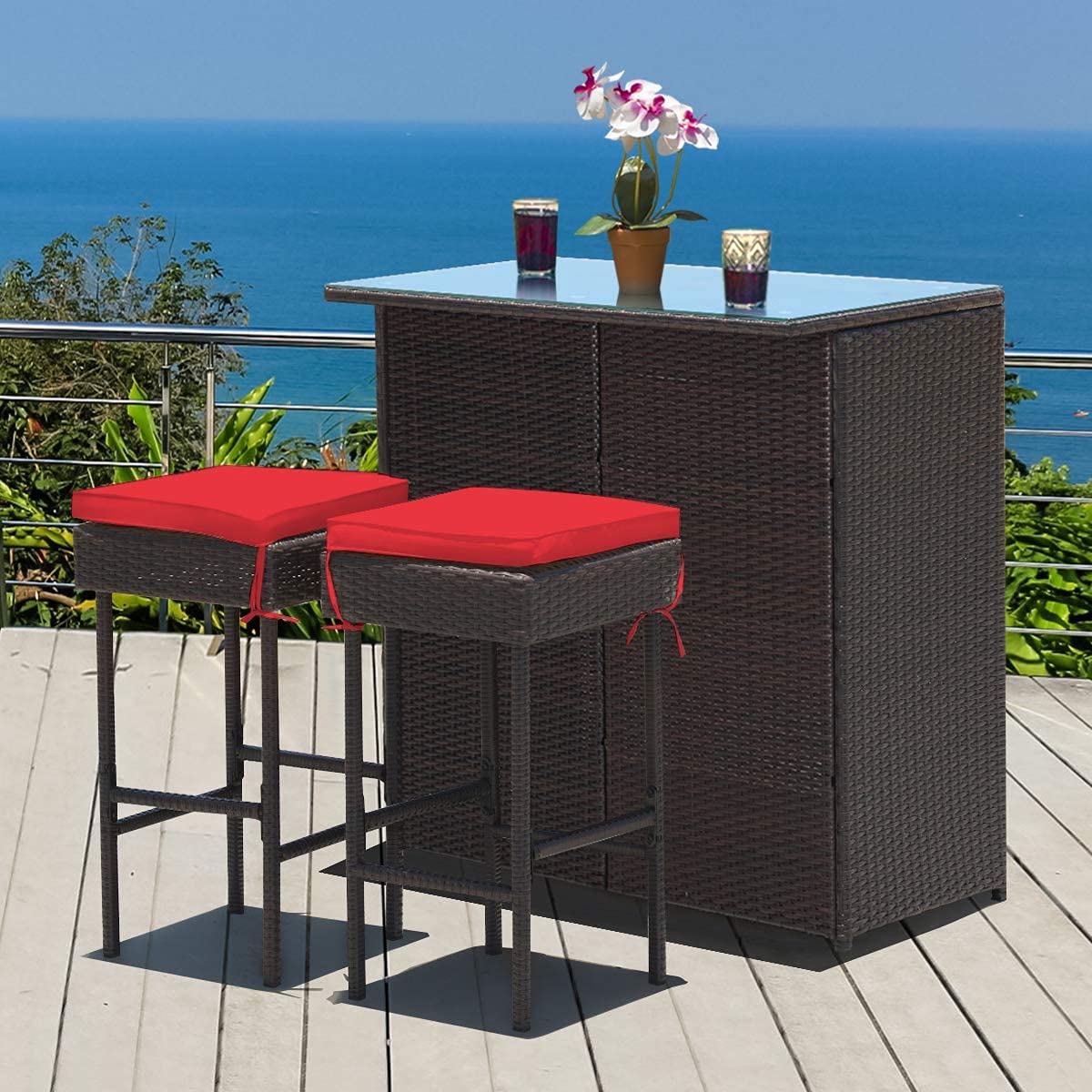 Outdoor Patio Bar Set - 3-Piece Wicker Rattan Bar Stools & Glass Top Table with 2 Storage Shelves & Cushions - Perfect for Lawn, Pool, Backyard, Garden, Porch (Red) | Ideal for Outdoor Entertaining, Relaxing & Dining Al Fresco