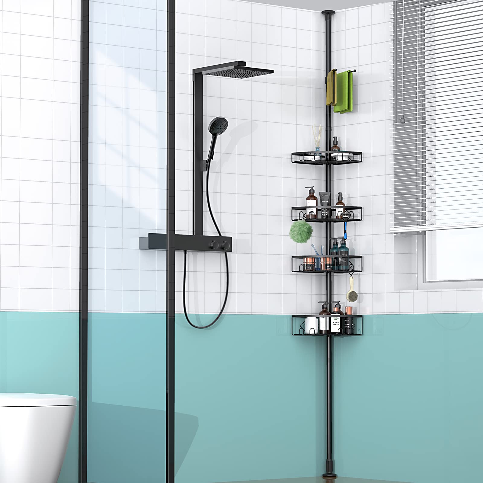 **Kadolina Adjustable Tension Pole Shower Caddy - 4-Tier Bathroom Storage Shelf (53-120 Inch Height) - Space-Saving Shampoo & Bath Accessories Organizer for Bathtub & Shower (Black)**    **Perfect for Small Bathrooms, Apartments, or Dorm Rooms – Maximize Shower Storage Without Drilling!**
