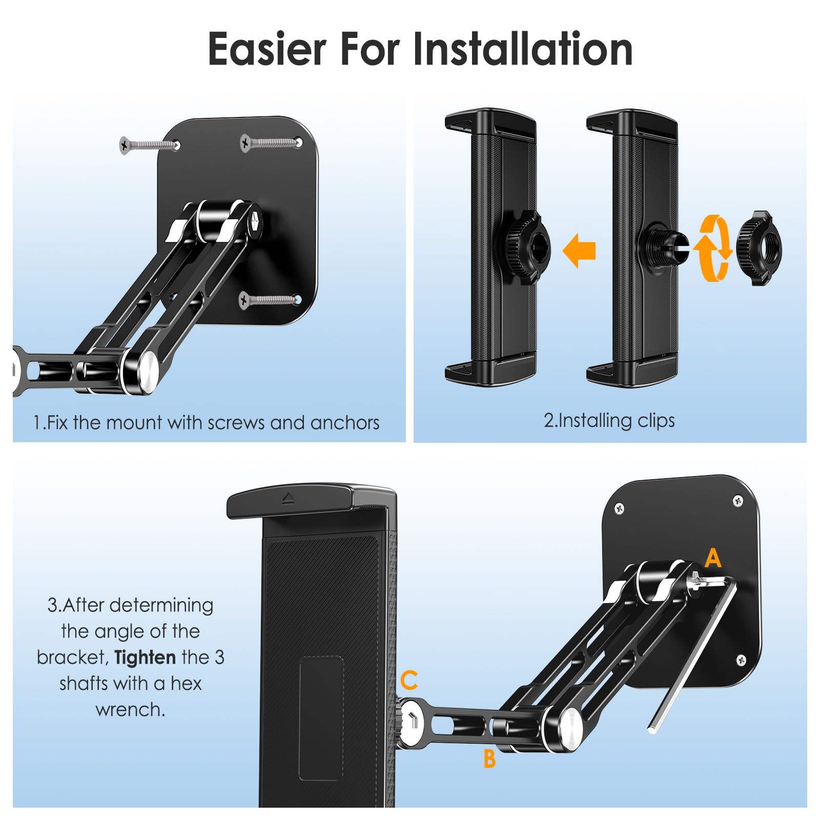 Aluminum Extendable Tablet Wall Mount Holder with 360° Rotating Base - Adjustable & Foldable for iPad Pro/Air/Mini, Galaxy Tab, and All 4.7-13