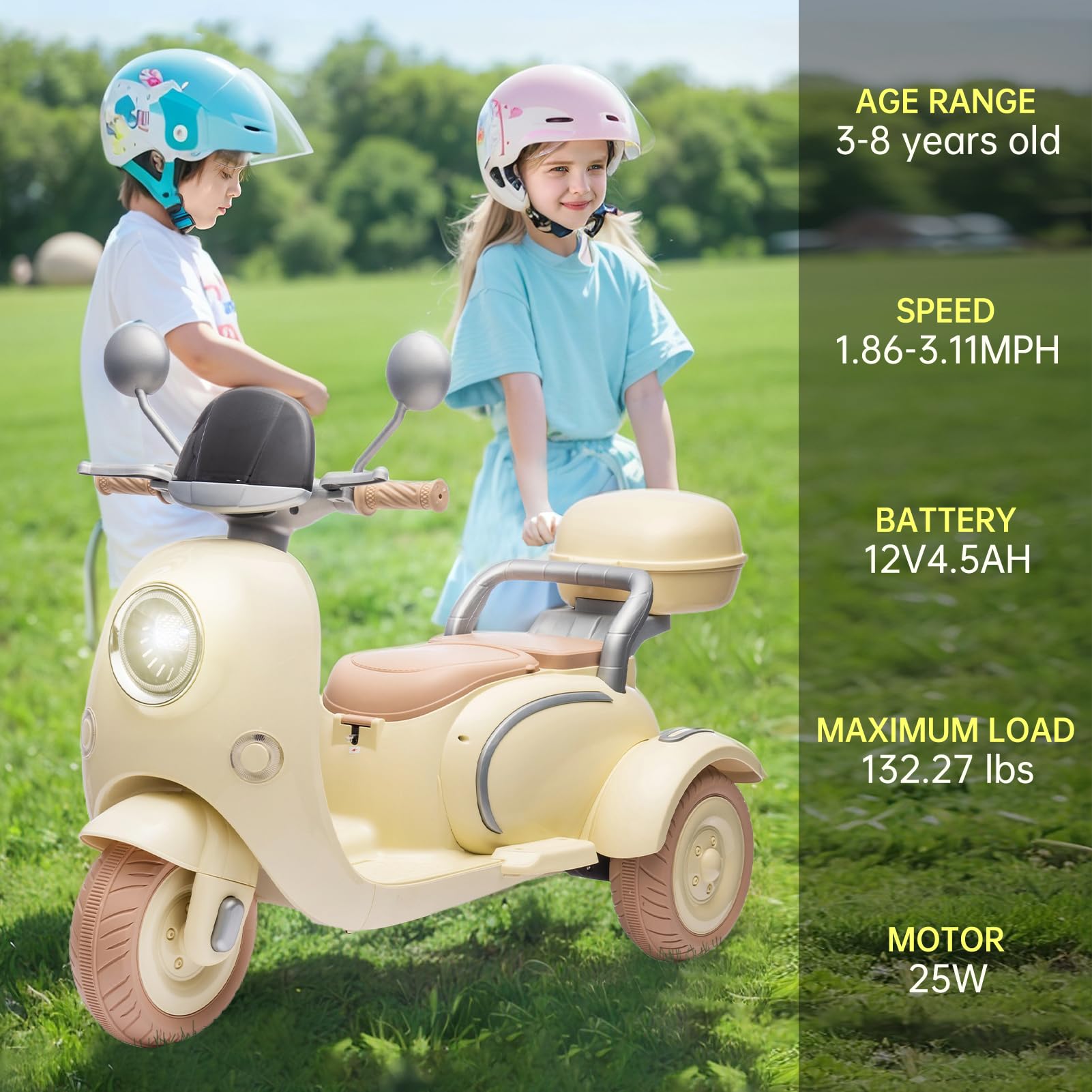 12V Kids Electric Motorcycle - 2 Seats, 3 Wheels with Bluetooth & Lights | Ride-On Toy for Ages 3+ | Outdoor Play & Gift