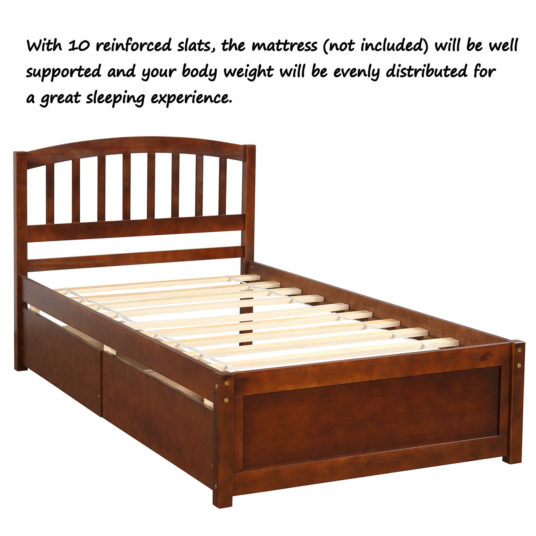 P PURLOVE Twin Wood Storage Bed Frame with 2 Drawers & Headboard - Space-Saving for Small Bedrooms