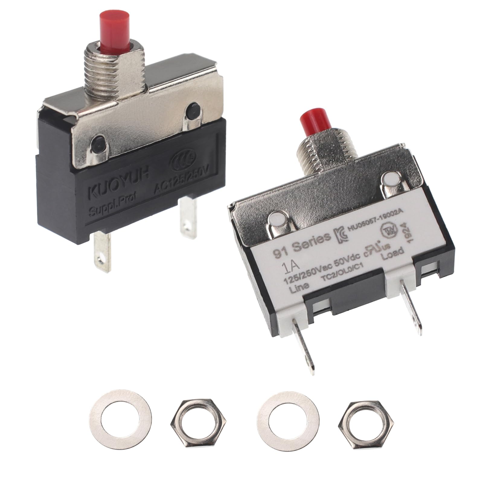 125V/250V AC 50V DC 1A Push Button Thermal Circuit Breaker with Quick Connect Terminals - Manual Reset Switch for Overload Protection | Ideal for Motor Blenders, Upright Vacuum Cleaners & Coffee Grinders