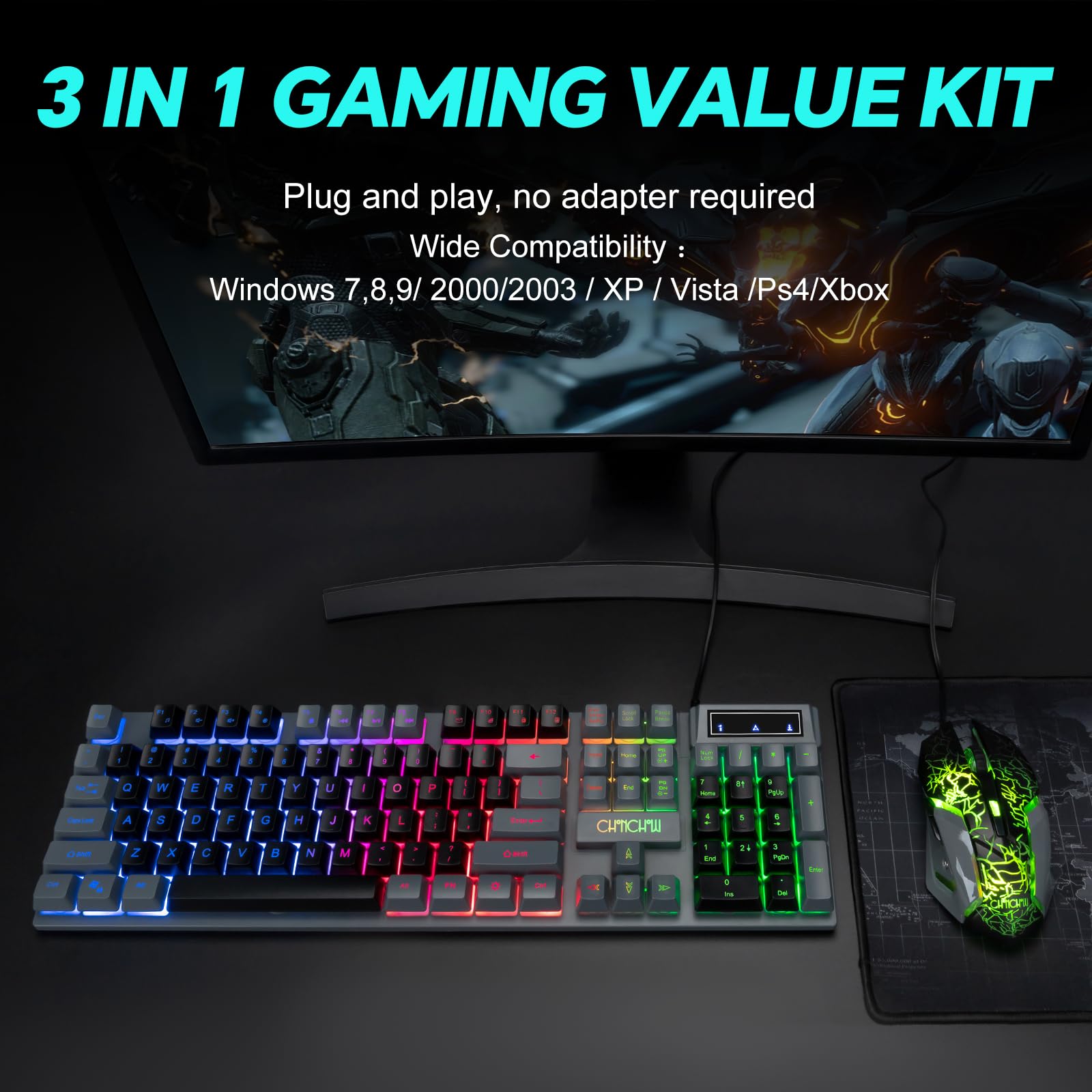 CHONCHOW RGB Backlit Gaming Keyboard and Mouse Combo - 104 Key Mechanical Feel Wired Keyboard with 3600 DPI Ergonomic Mouse for PC, Mac, Xbox - Ideal for FPS, MMO Games, Office Work & Streaming (Black & Grey) - Perfect for Esports, Home Office, Late Night Gaming, Professional Workstations & Online Classes
