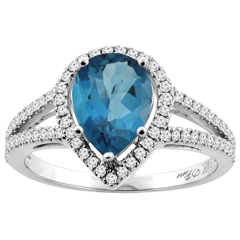 14K Gold Pear Shaped London Blue Topaz Ring with Diamond Accents (9x7mm) - Sizes 5-10 | Elegant Engagement, Anniversary & Gift Jewelry for Women